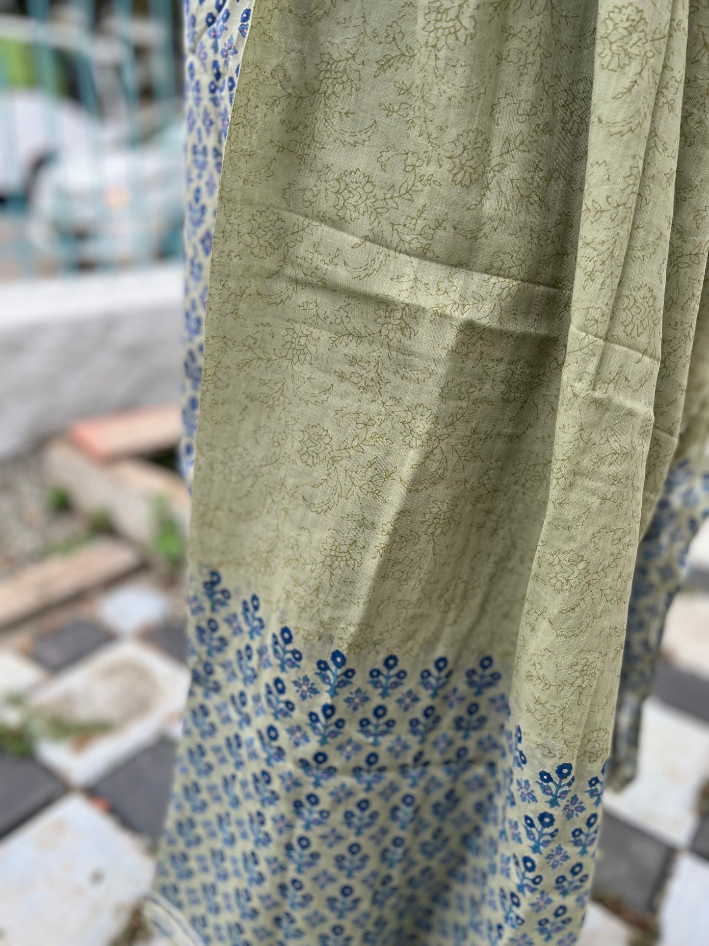 Southloom Stitched Cotton Salwar Set in Greyish Green with Blue Floral Prints