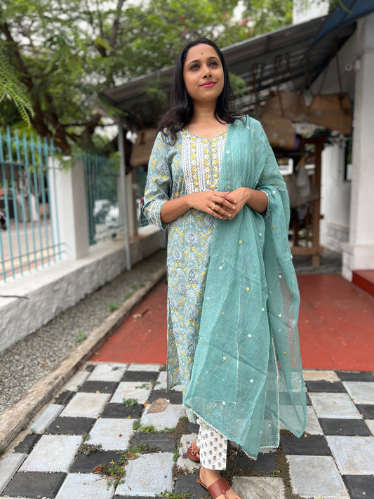 Southloom Stitched Cotton Salwar Set in Green with Floral Prints