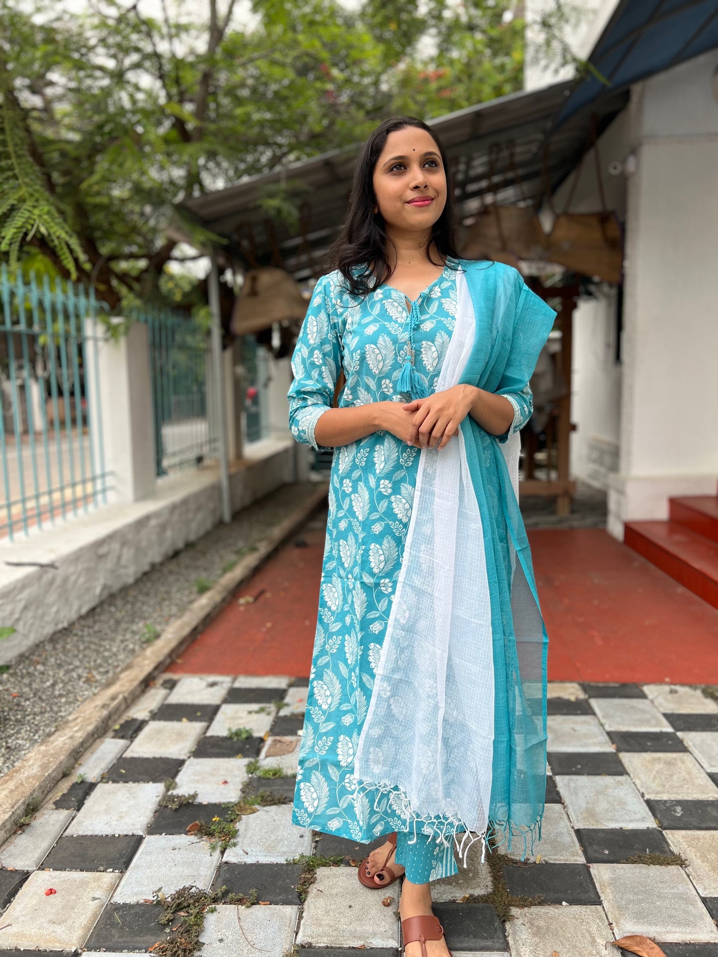 Southloom Stitched Cotton Salwar Set in Blue with Floral Prints