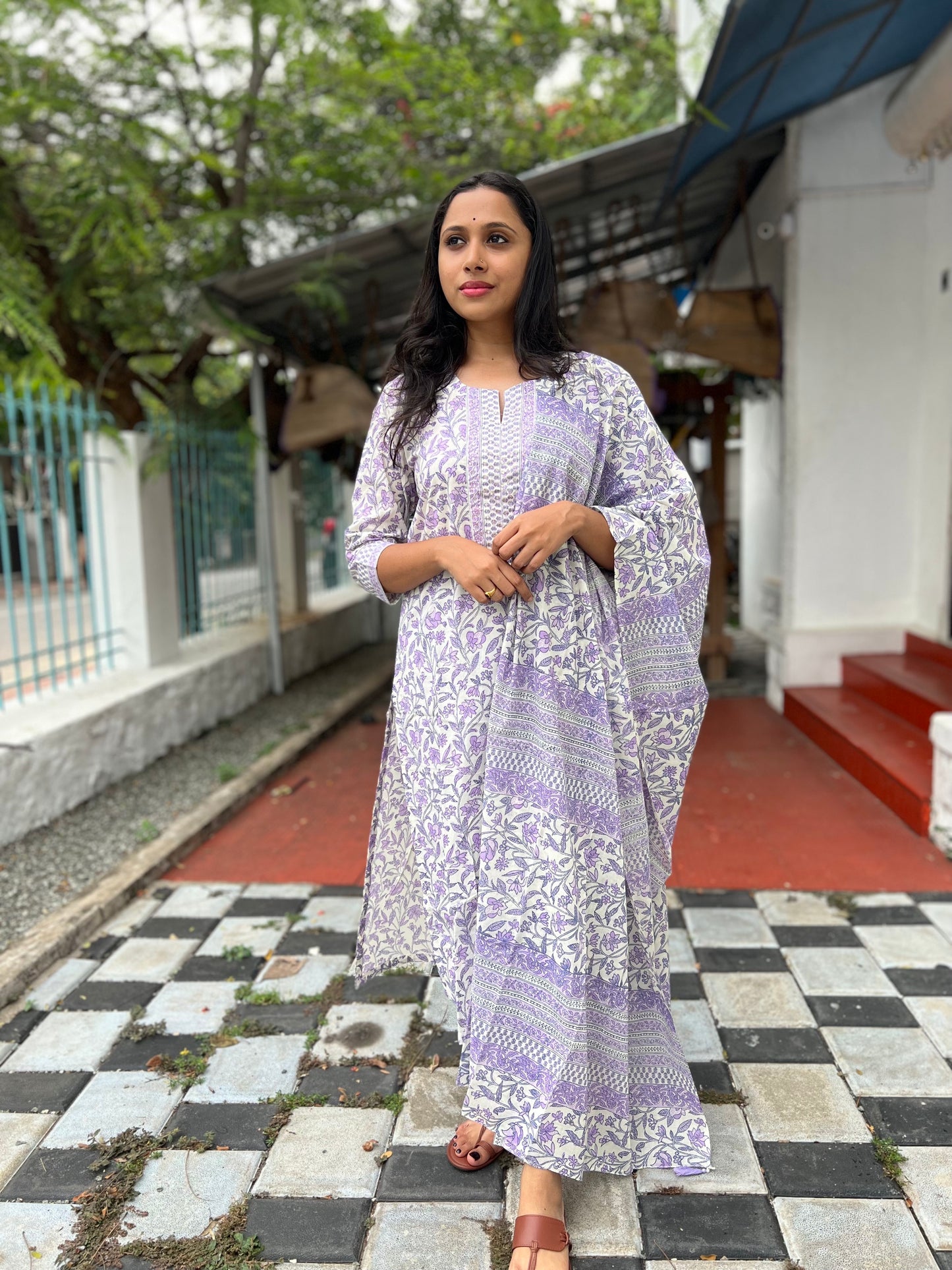 Southloom Stitched Cotton Salwar Set in White with Lavender Floral Prints