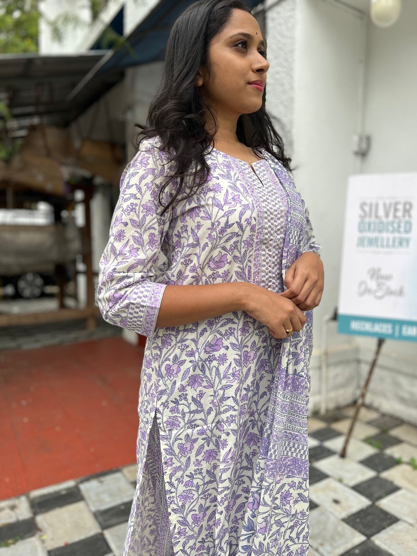 Southloom Stitched Cotton Salwar Set in White with Lavender Floral Prints