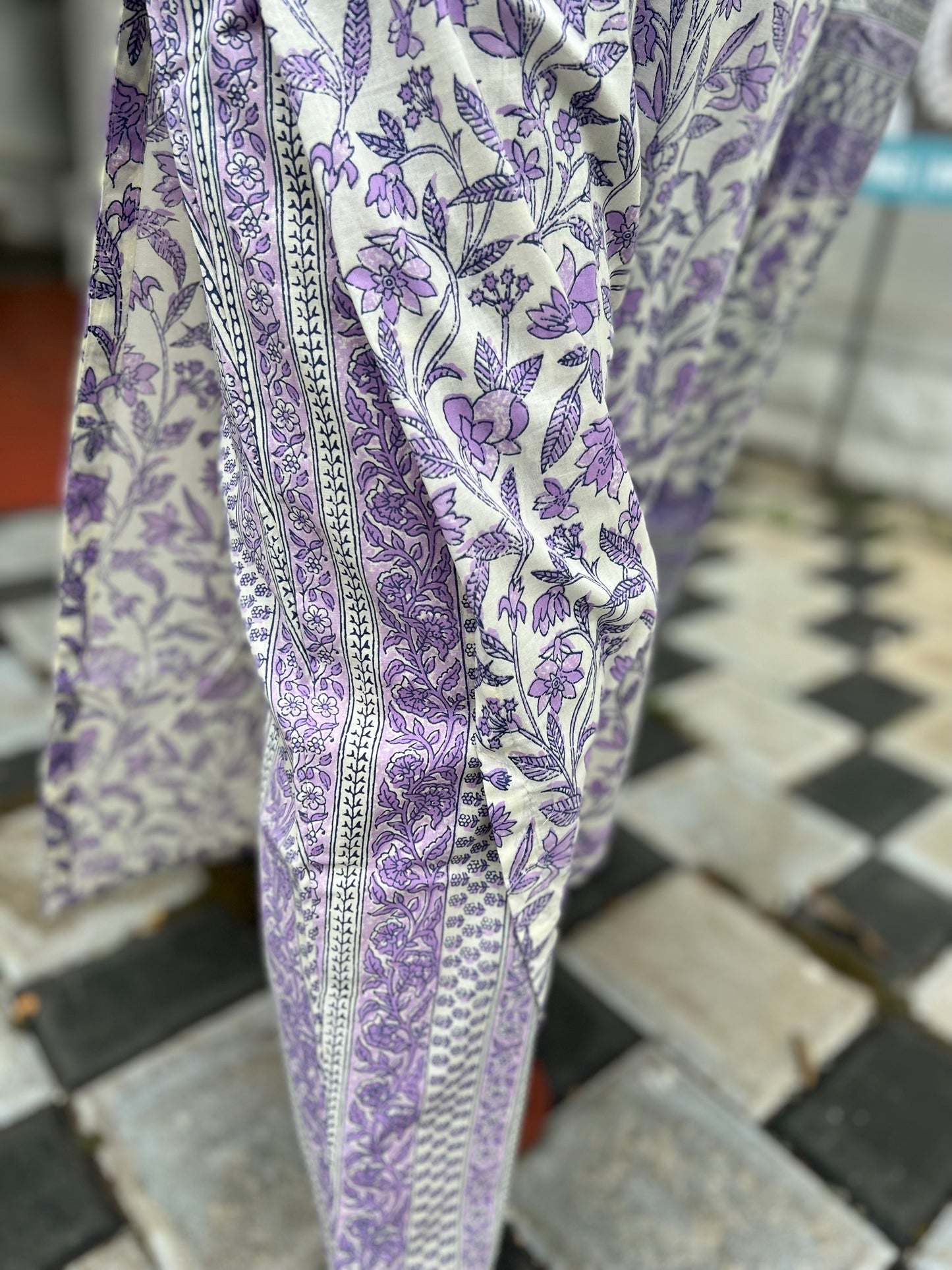 Southloom Stitched Cotton Salwar Set in White with Lavender Floral Prints