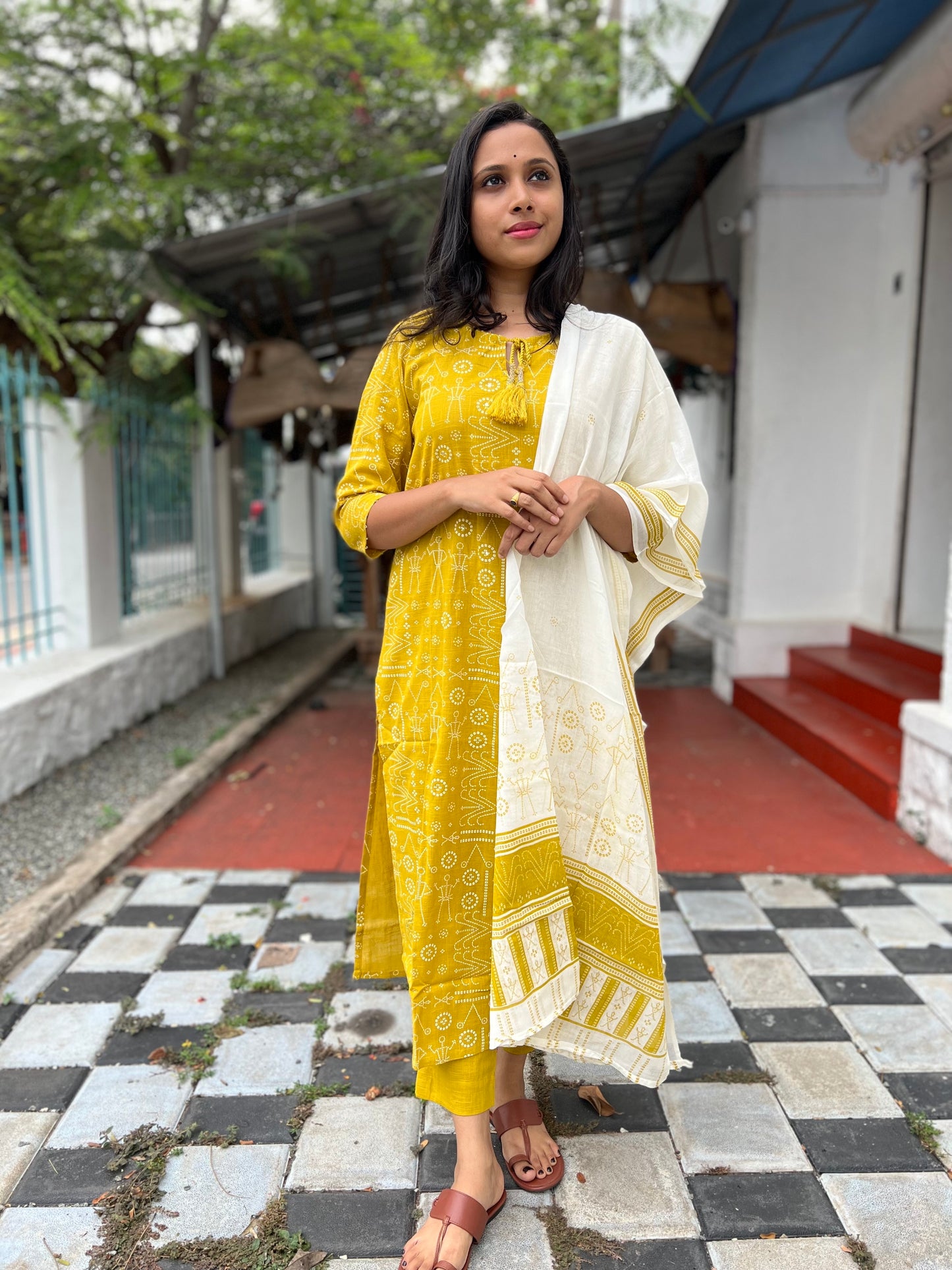 Southloom Stitched Cotton Salwar Set in Mustard Yellow with Prints