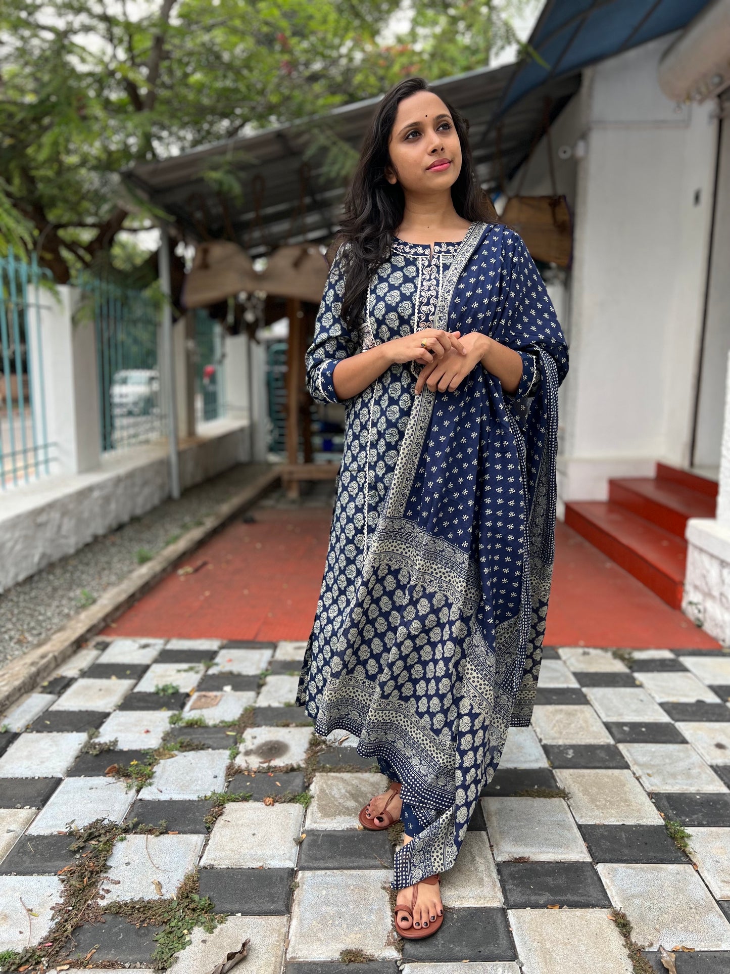 Southloom Stitched Cotton Salwar Set in Dark Blue with Floral Prints