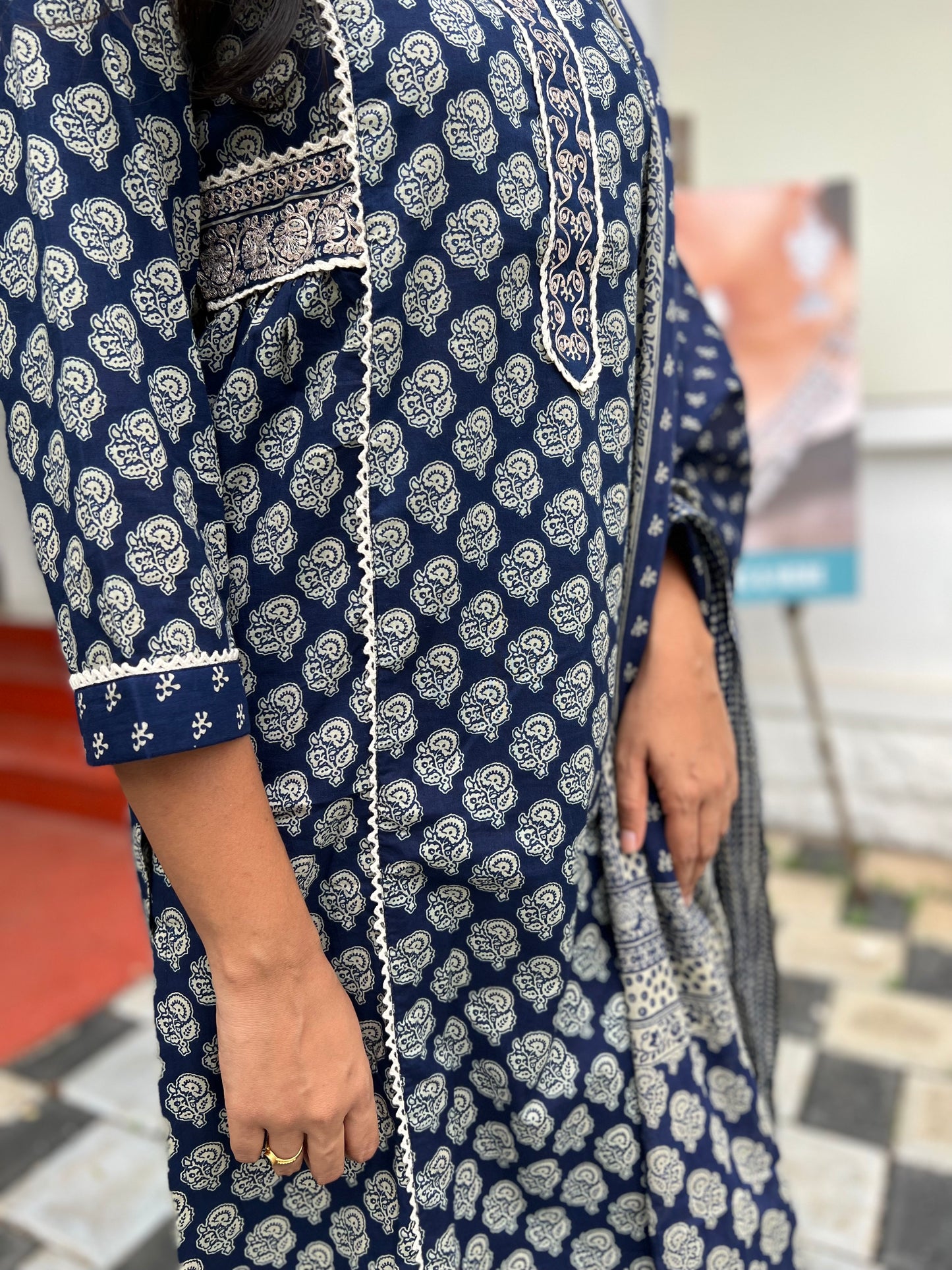 Southloom Stitched Cotton Salwar Set in Dark Blue with Floral Prints