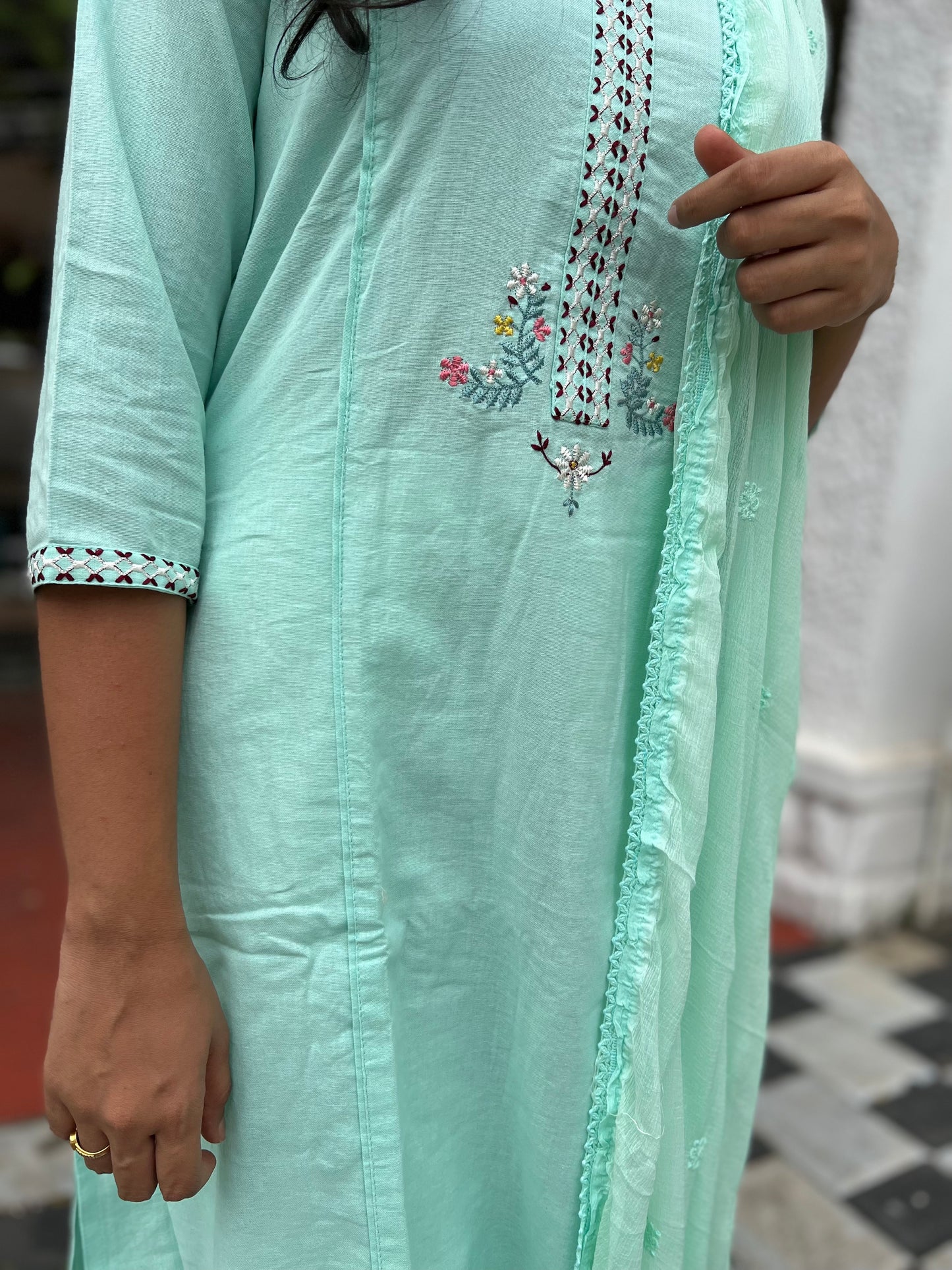 Southloom Stitched Cotton Salwar Set in Turquoise with Floral Thread Work Design
