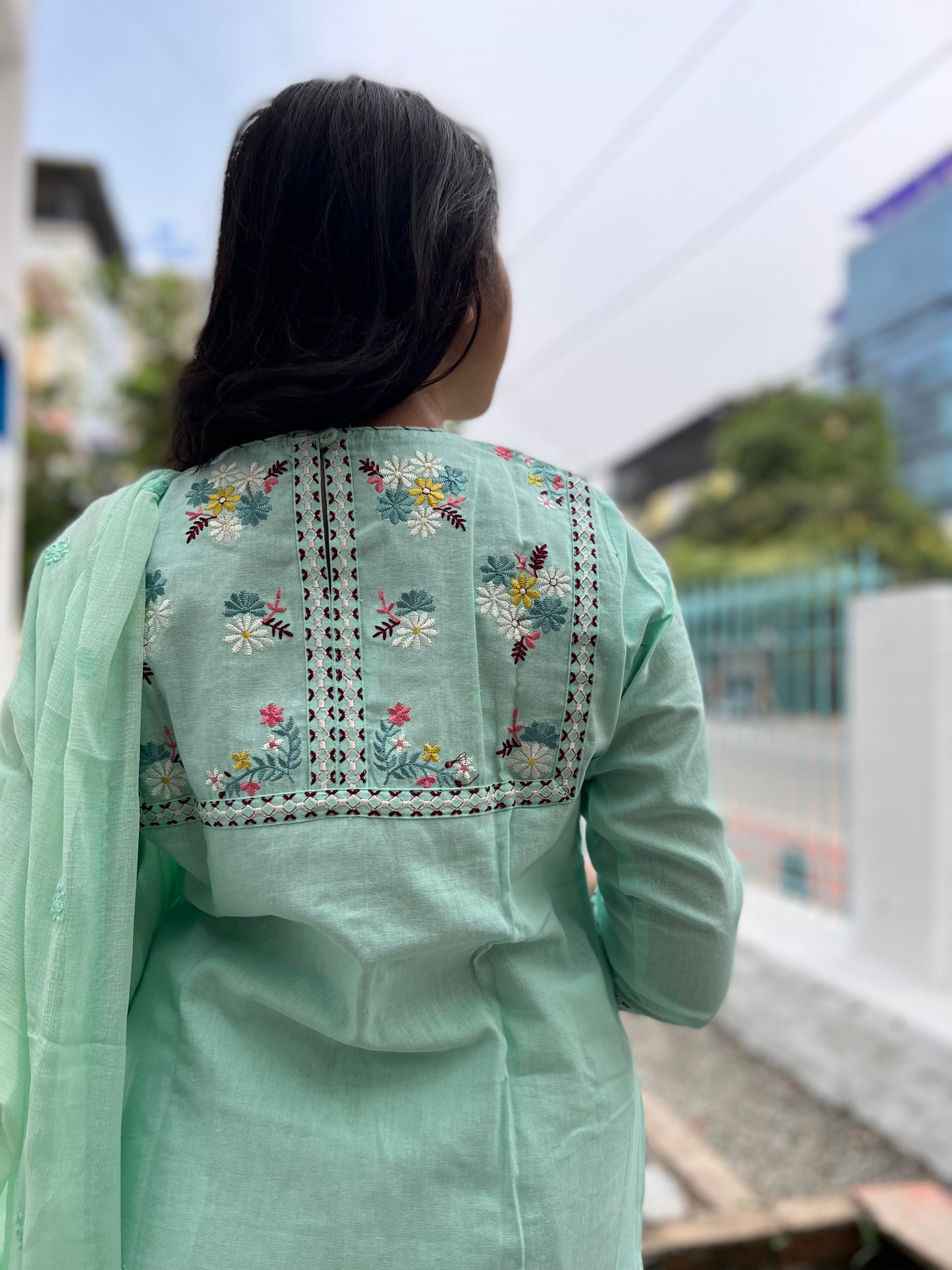 Southloom Stitched Cotton Salwar Set in Turquoise with Floral Thread Work Design