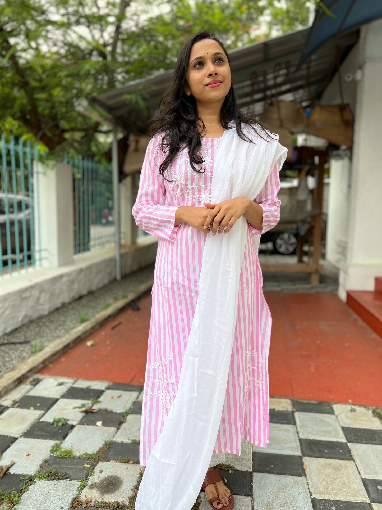 Southloom Stitched Cotton Salwar Set with Pink and White Body and Thread Work Design