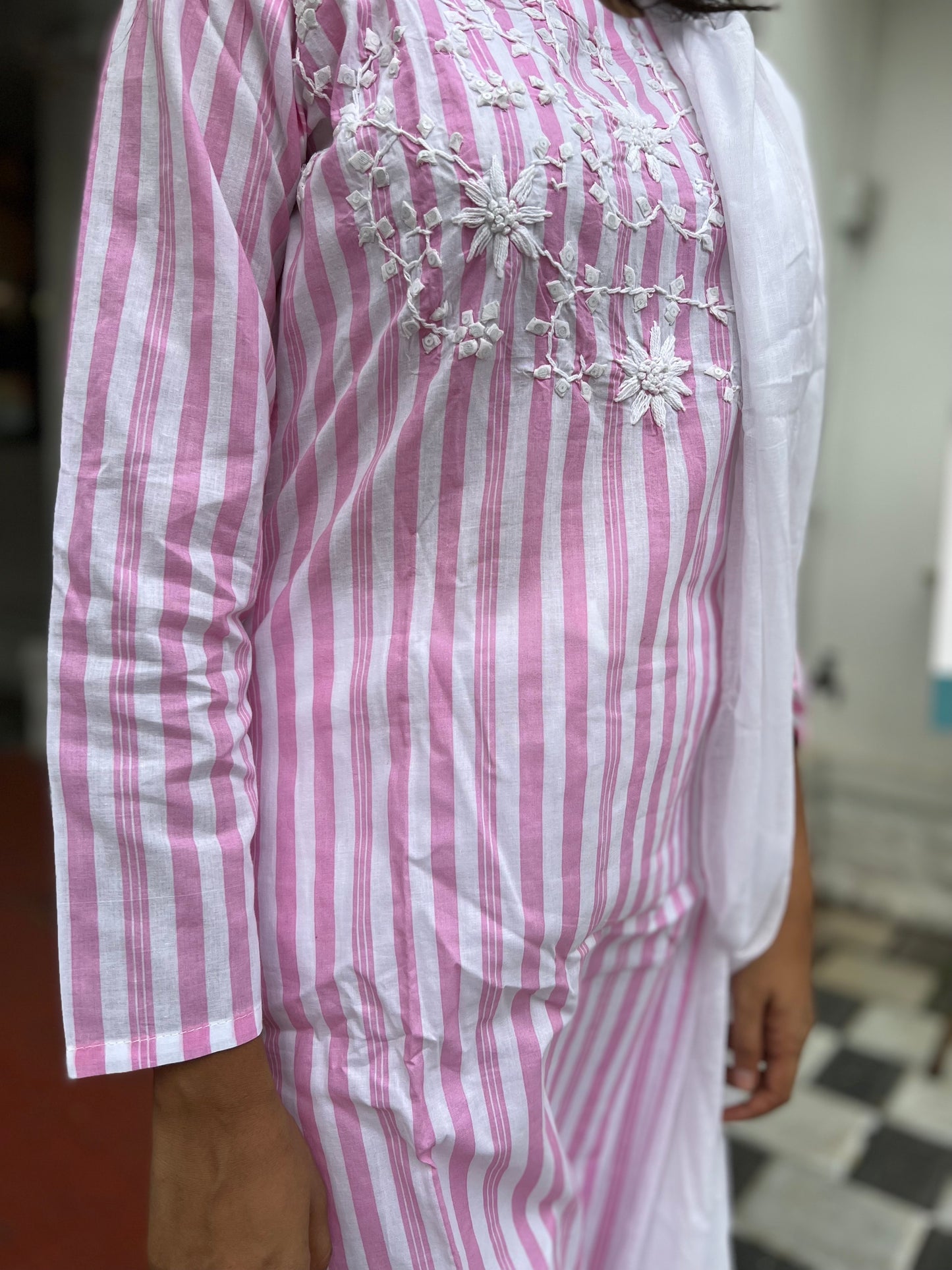 Southloom Stitched Cotton Salwar Set with Pink and White Body and Thread Work Design