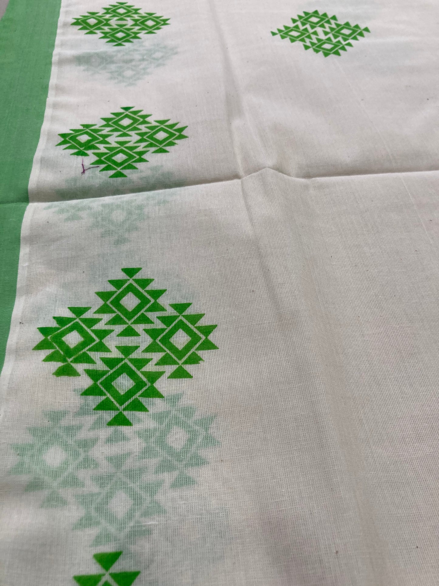 Pure Cotton Kerala Saree with Green Block Print Design