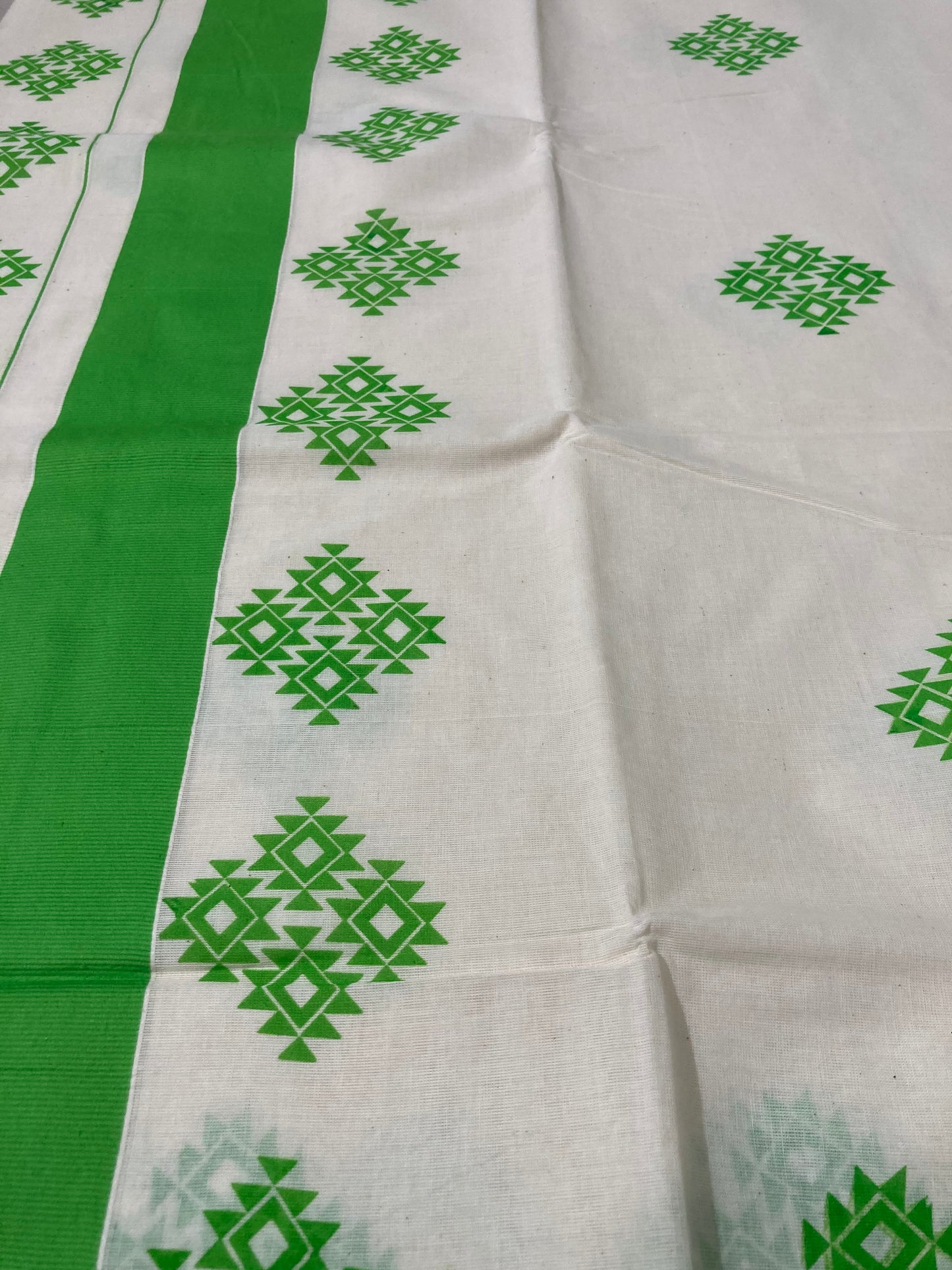 Pure Cotton Kerala Saree with Green Block Print Design