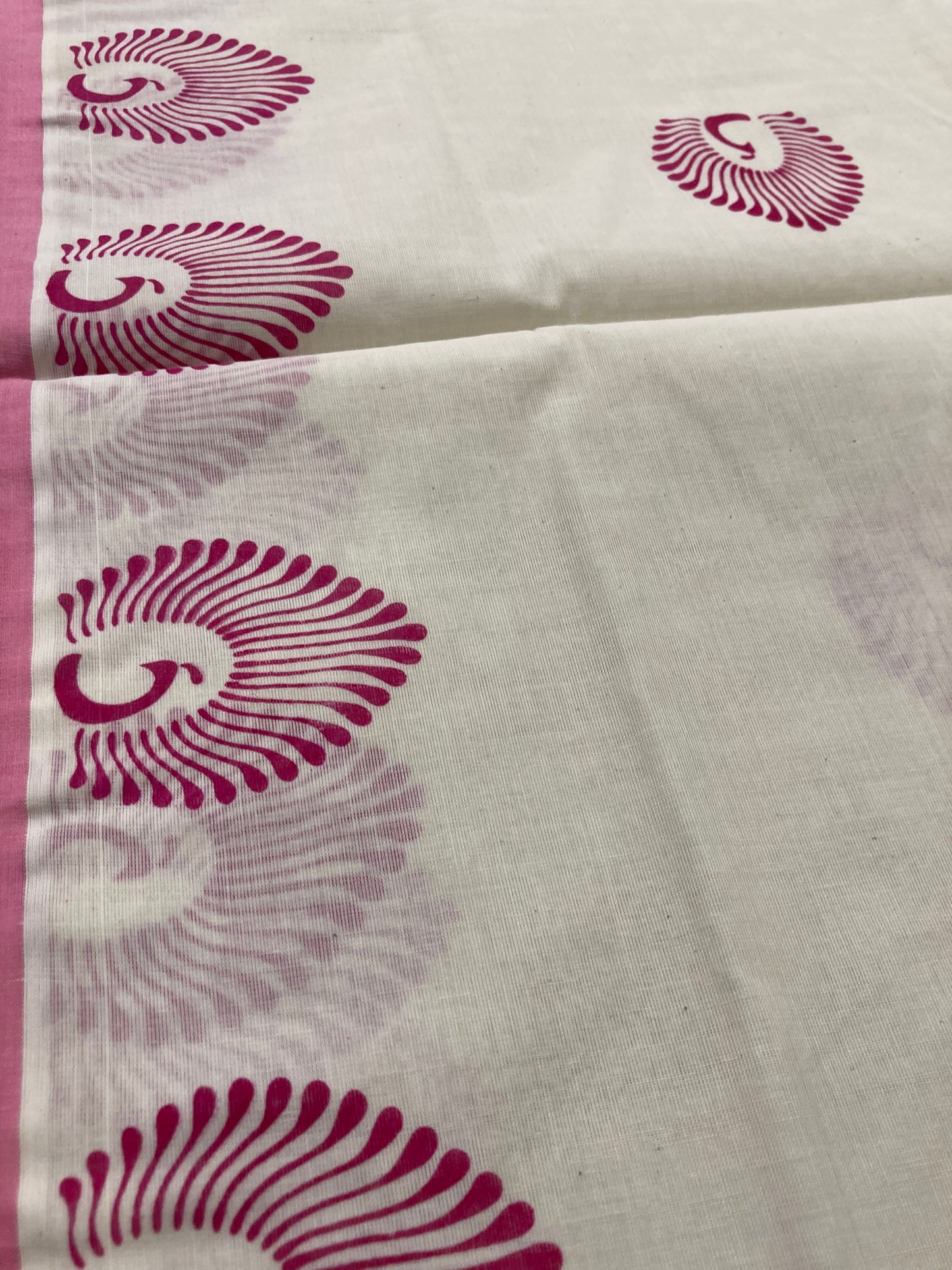 Pure Cotton Kerala Saree with Pink Peacock Block Print