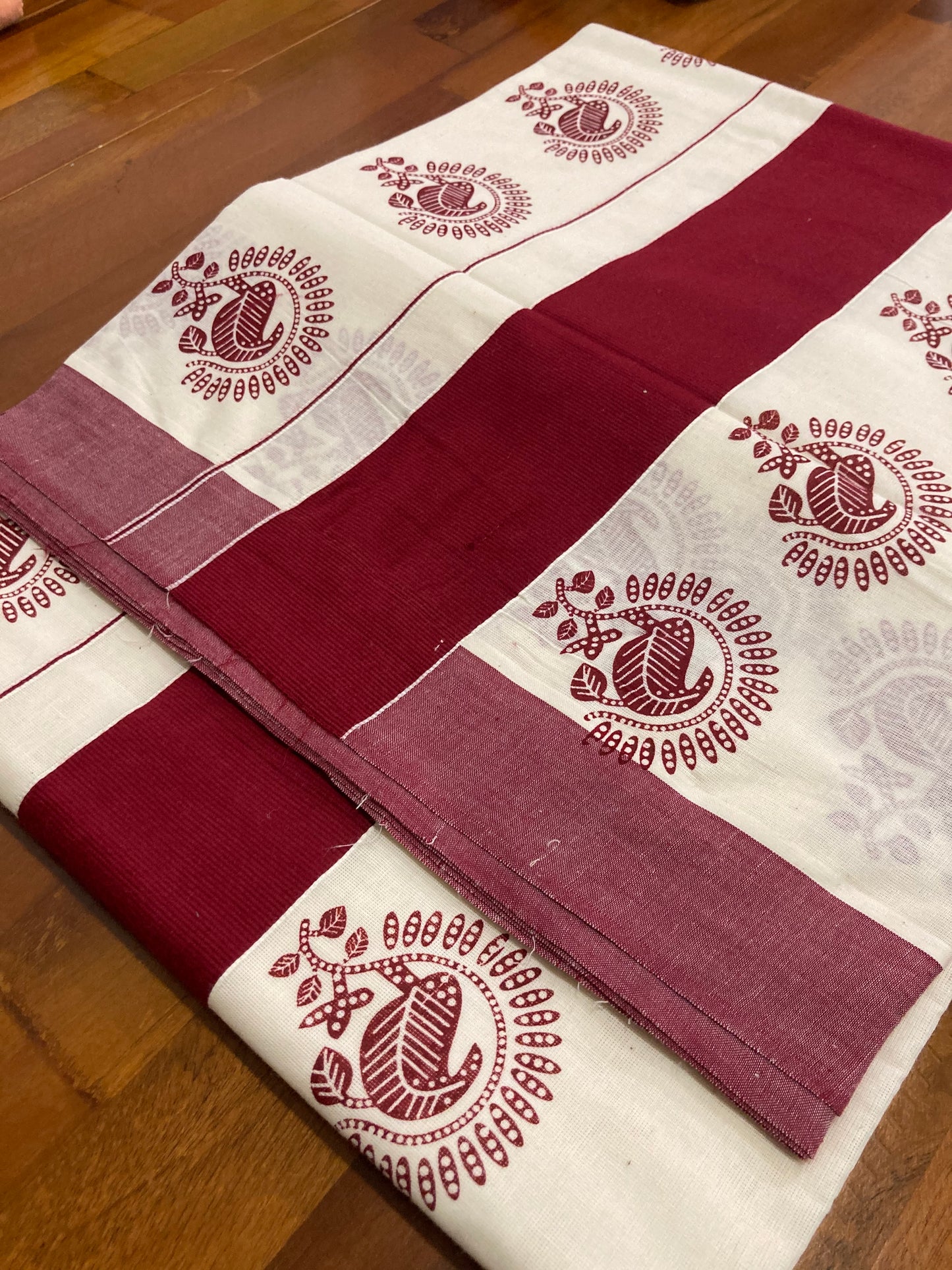 Pure Cotton Kerala Saree with Crimson Red Leaf Block Print