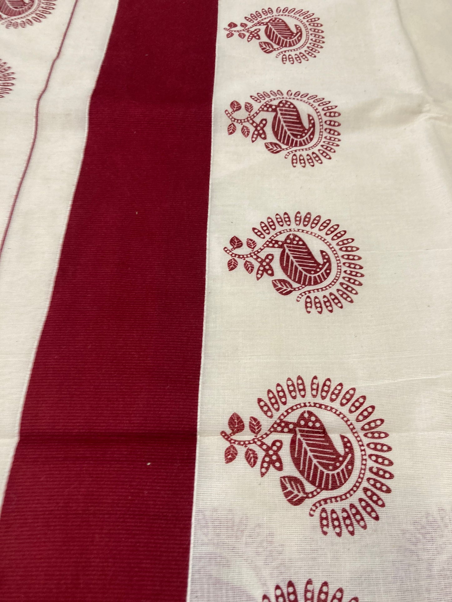 Pure Cotton Kerala Saree with Crimson Red Leaf Block Print