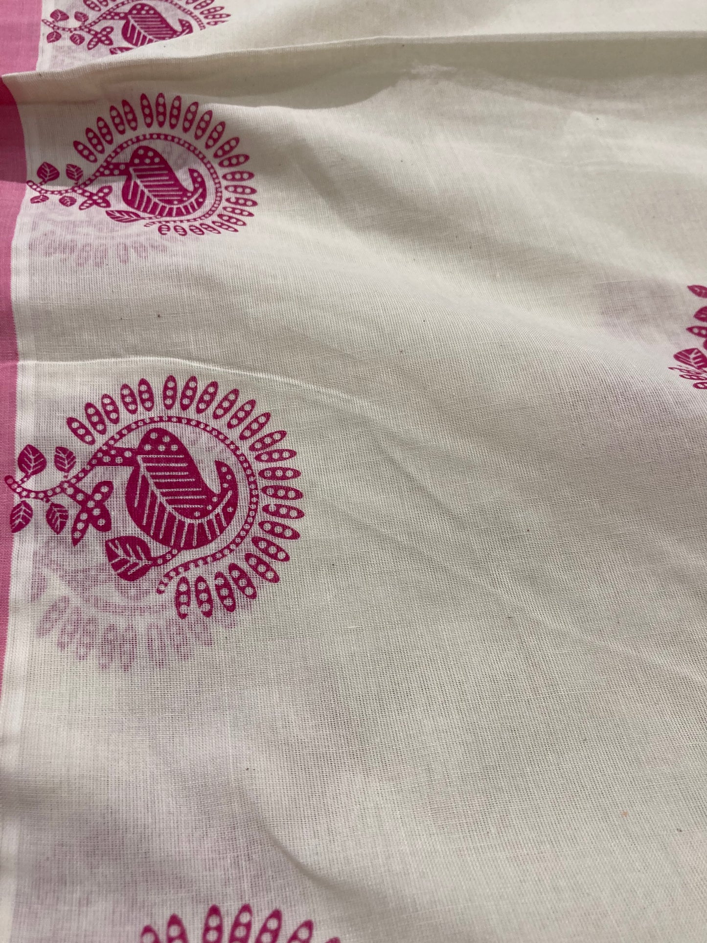 Pure Cotton Kerala Saree with Pink Leaf Block Print