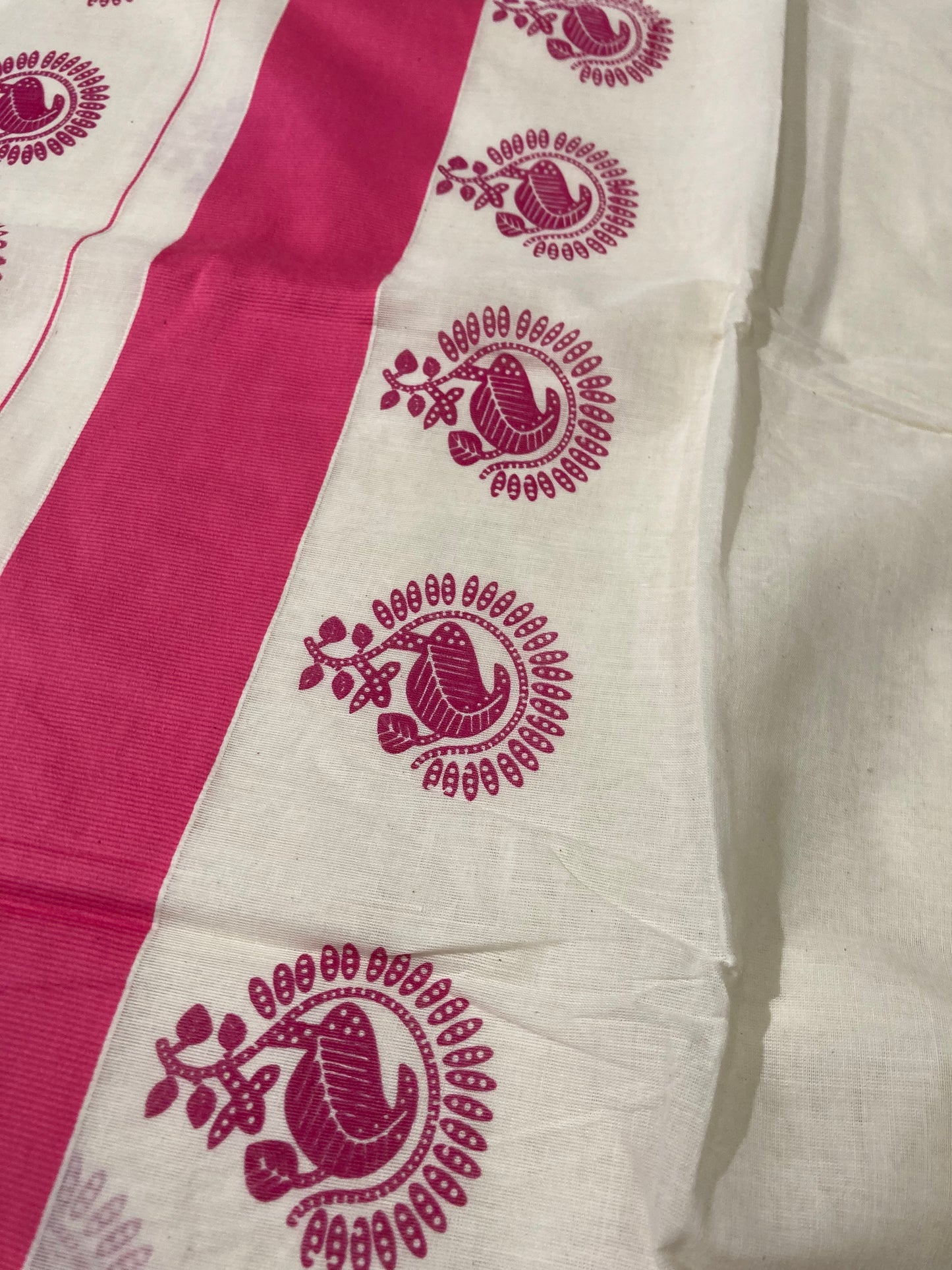 Pure Cotton Kerala Saree with Pink Leaf Block Print