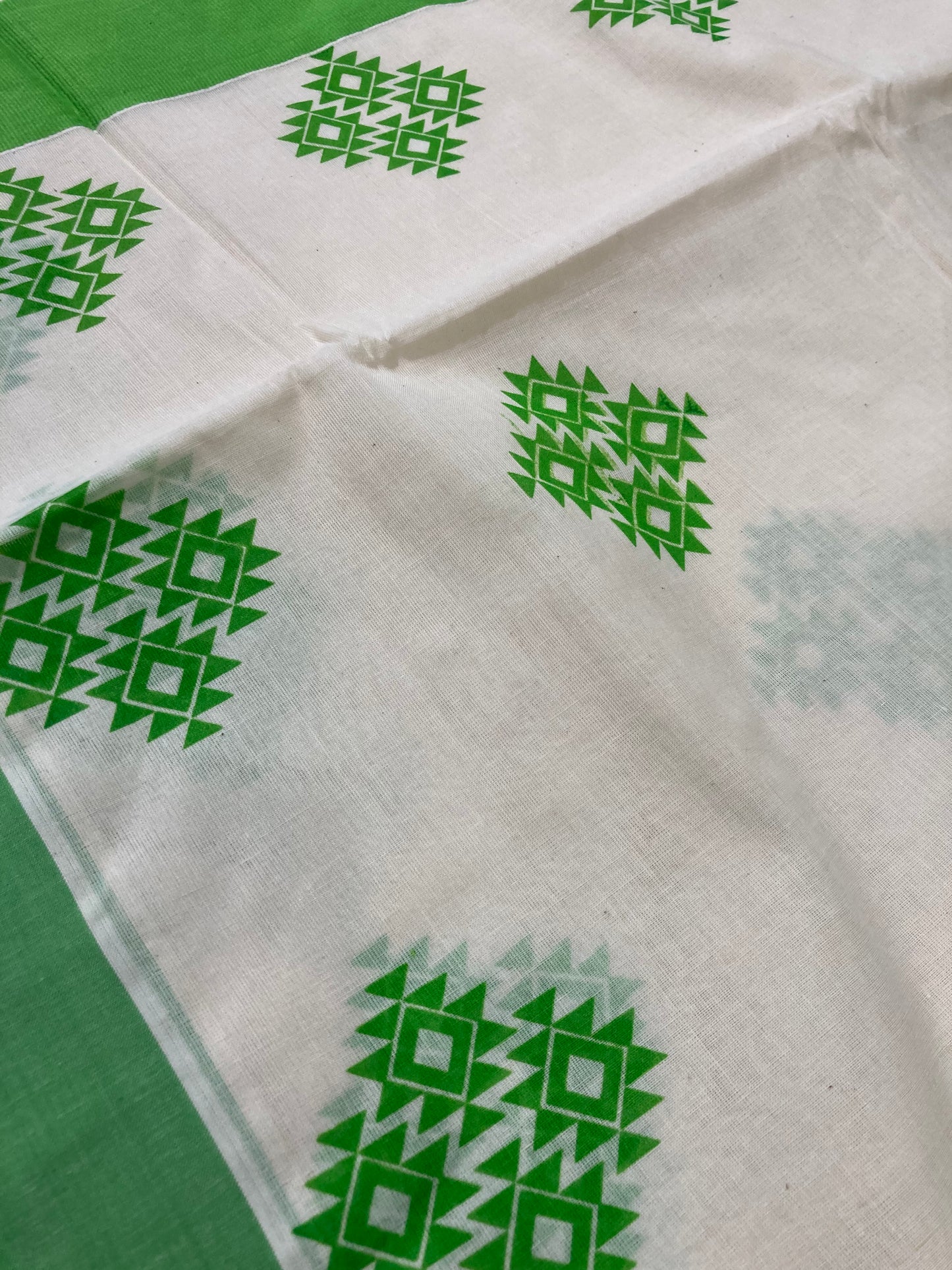 Pure Cotton Kerala Saree with Green Block Print Design