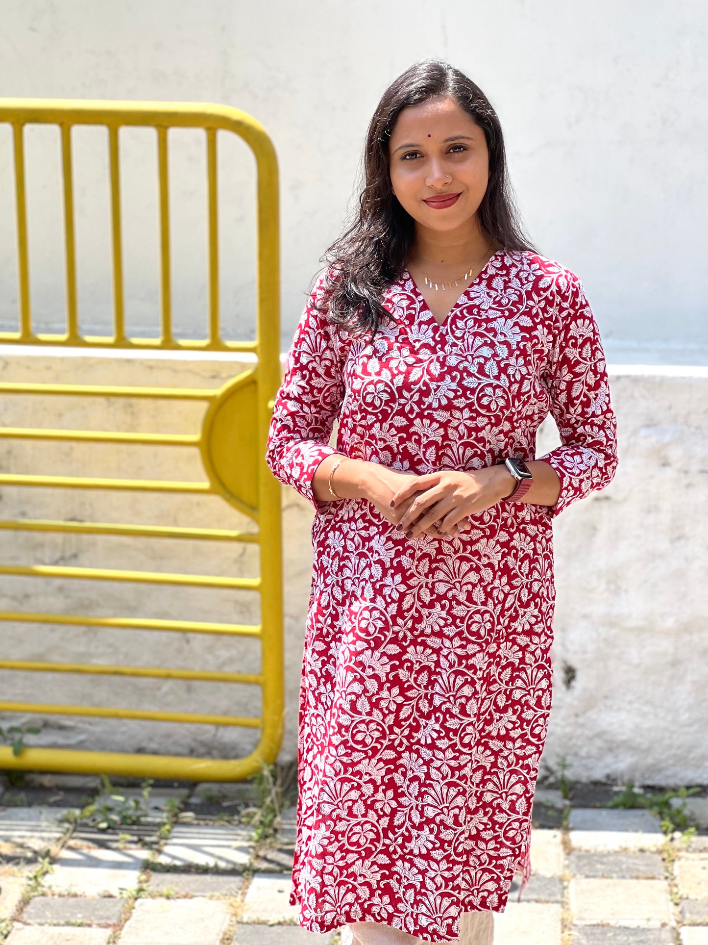 Southloom Jaipur Cotton Red and White Floral Hand Block Printed Kurti