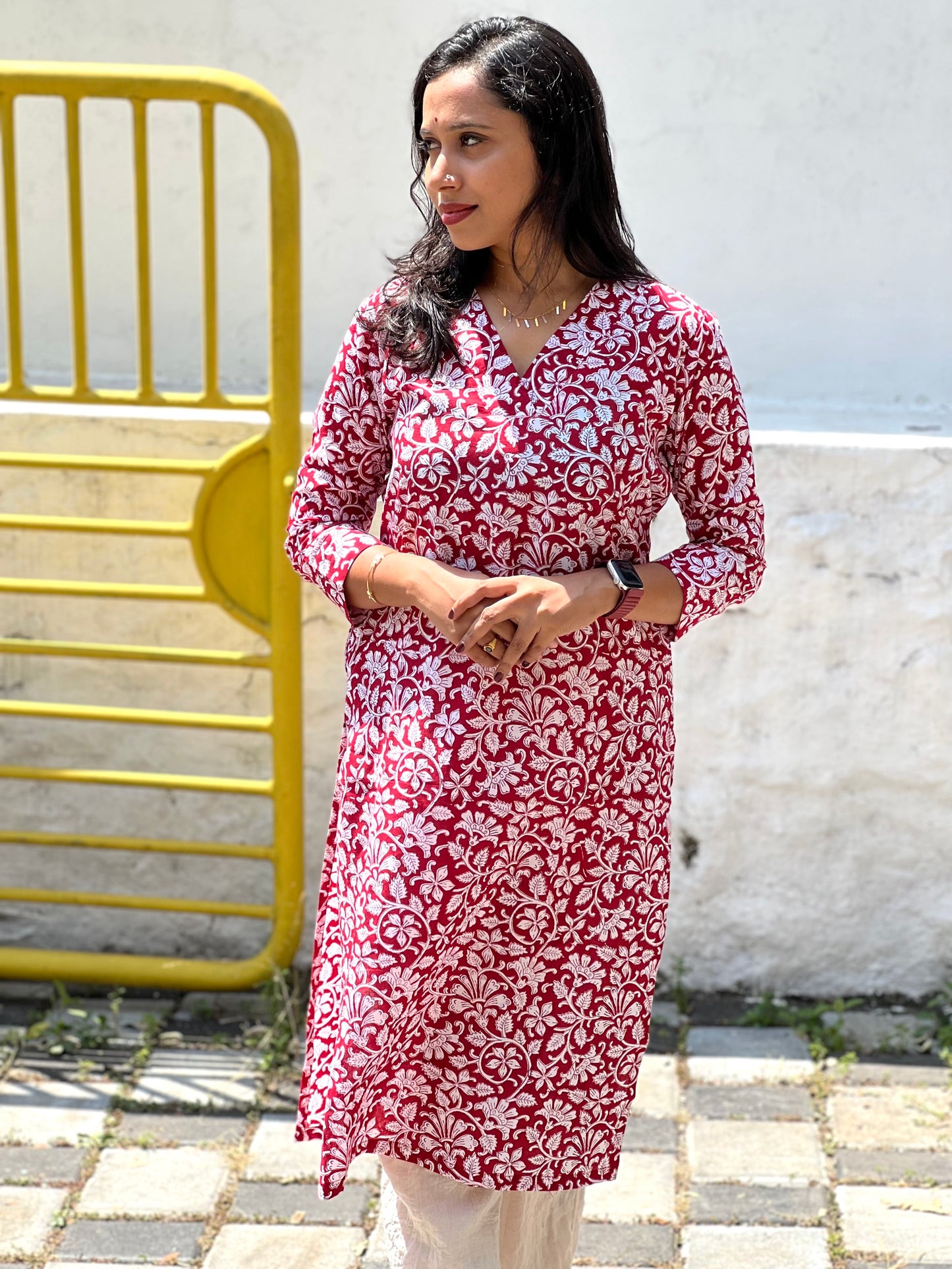 Southloom Jaipur Cotton Red and White Floral Hand Block Printed Kurti