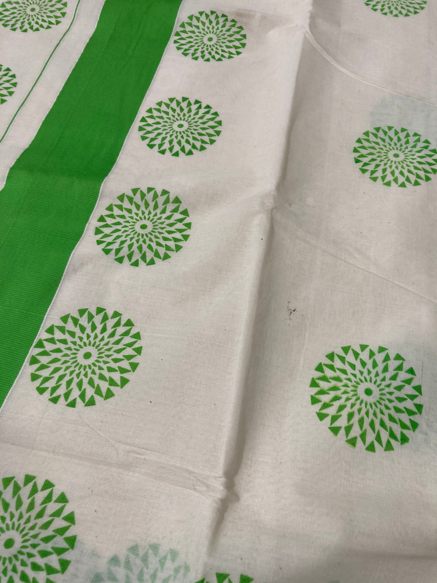 Pure Cotton Kerala Saree with Green Block Print Design