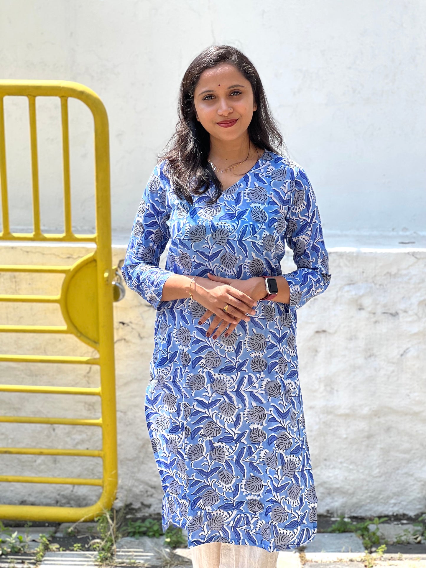 Southloom Jaipur Cotton Floral Hand Block Printed Blue Kurti