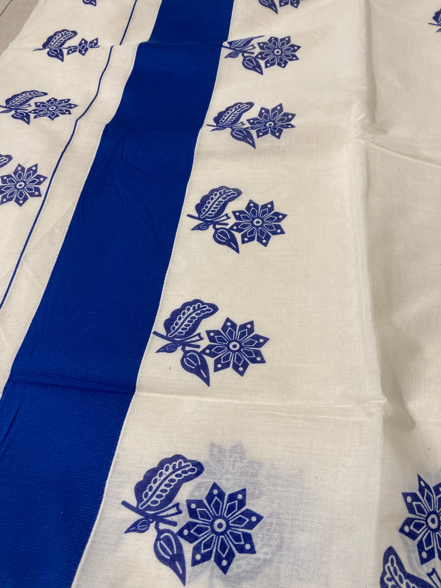 Pure Cotton Kerala Saree with Blue Floral Block Print Design