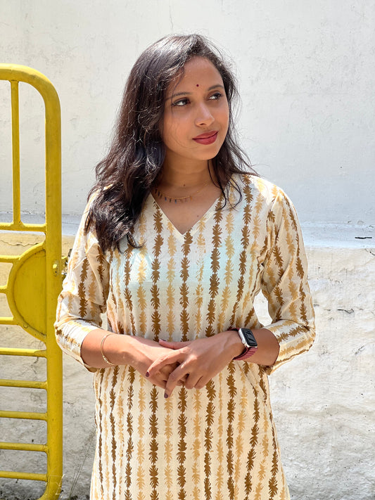 Southloom Jaipur Cotton Brown Yellow Hand Block Printed Kurti