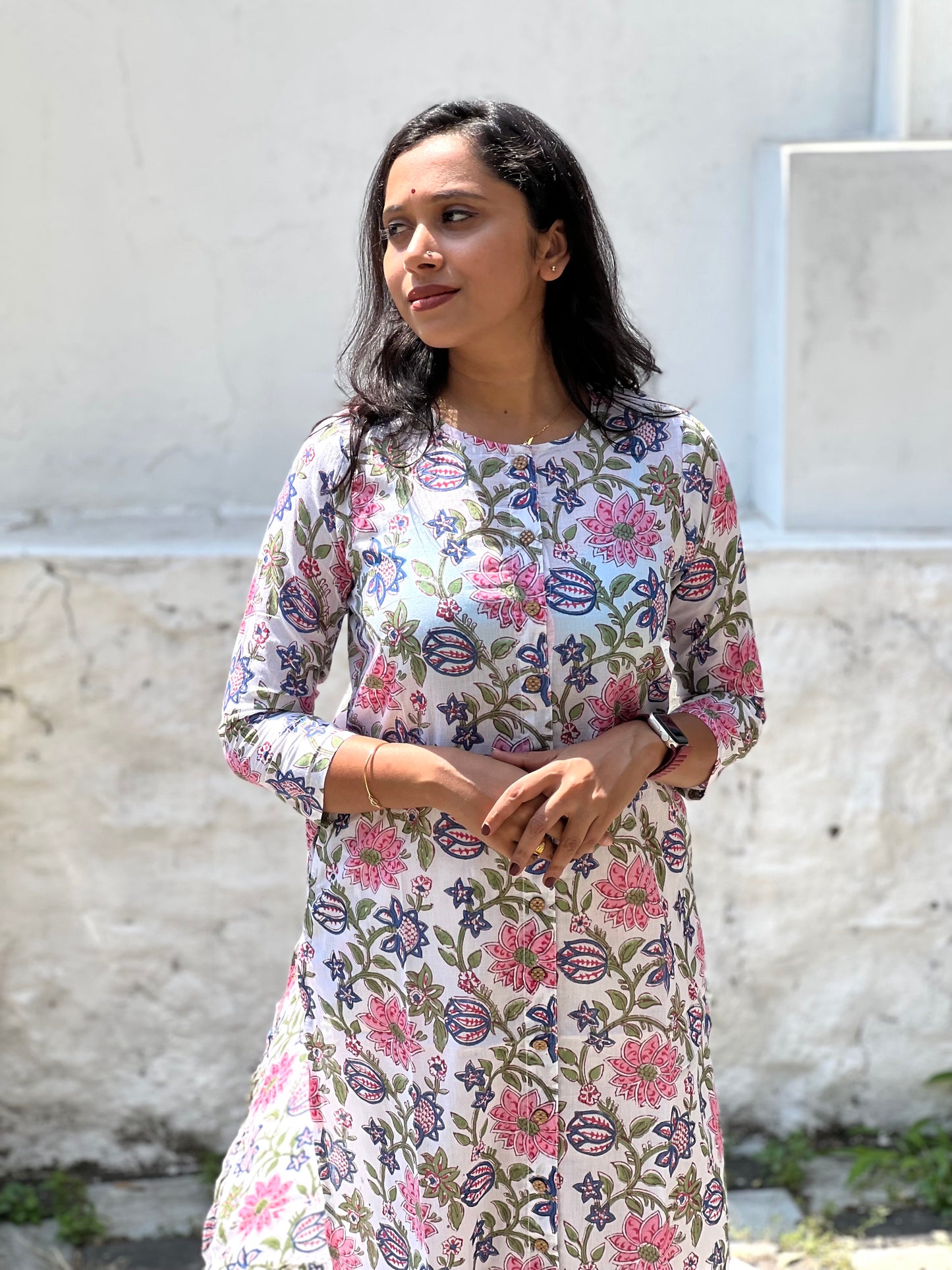 Southloom Jaipur Cotton Pink Blue Floral Hand Block Printed White Kurti