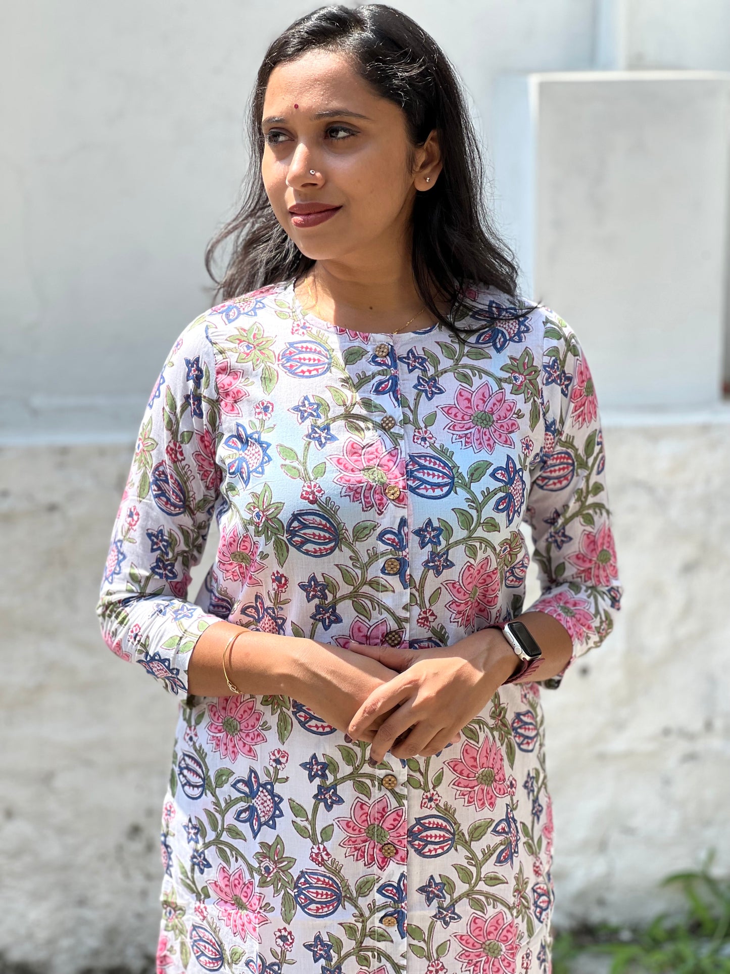 Southloom Jaipur Cotton Pink Blue Floral Hand Block Printed White Kurti