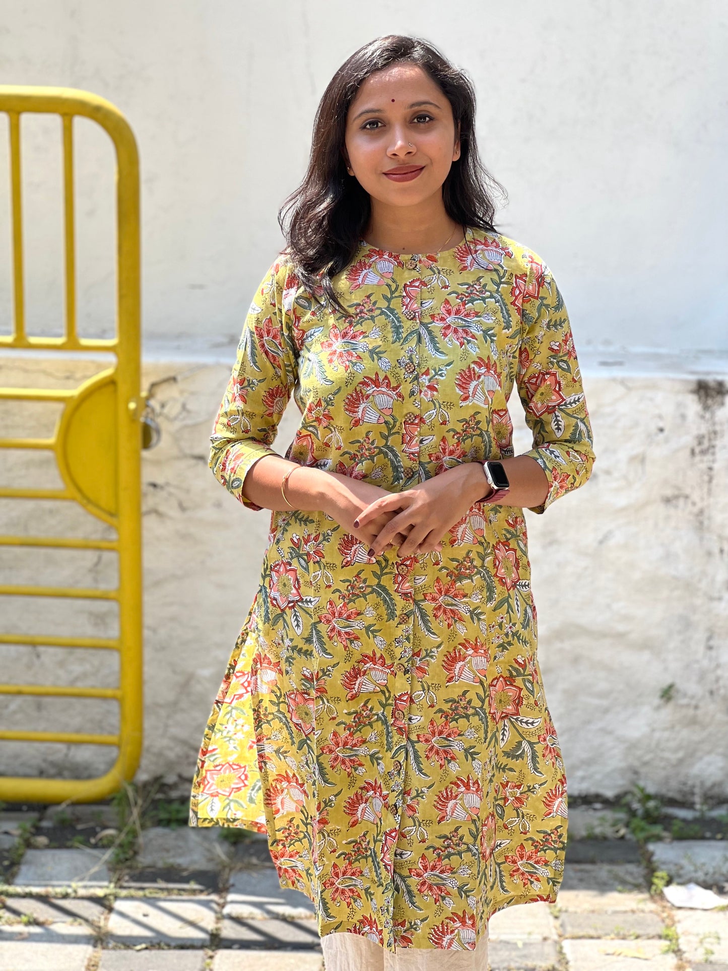 Southloom Jaipur Cotton Floral Hand Block Printed Green Kurti