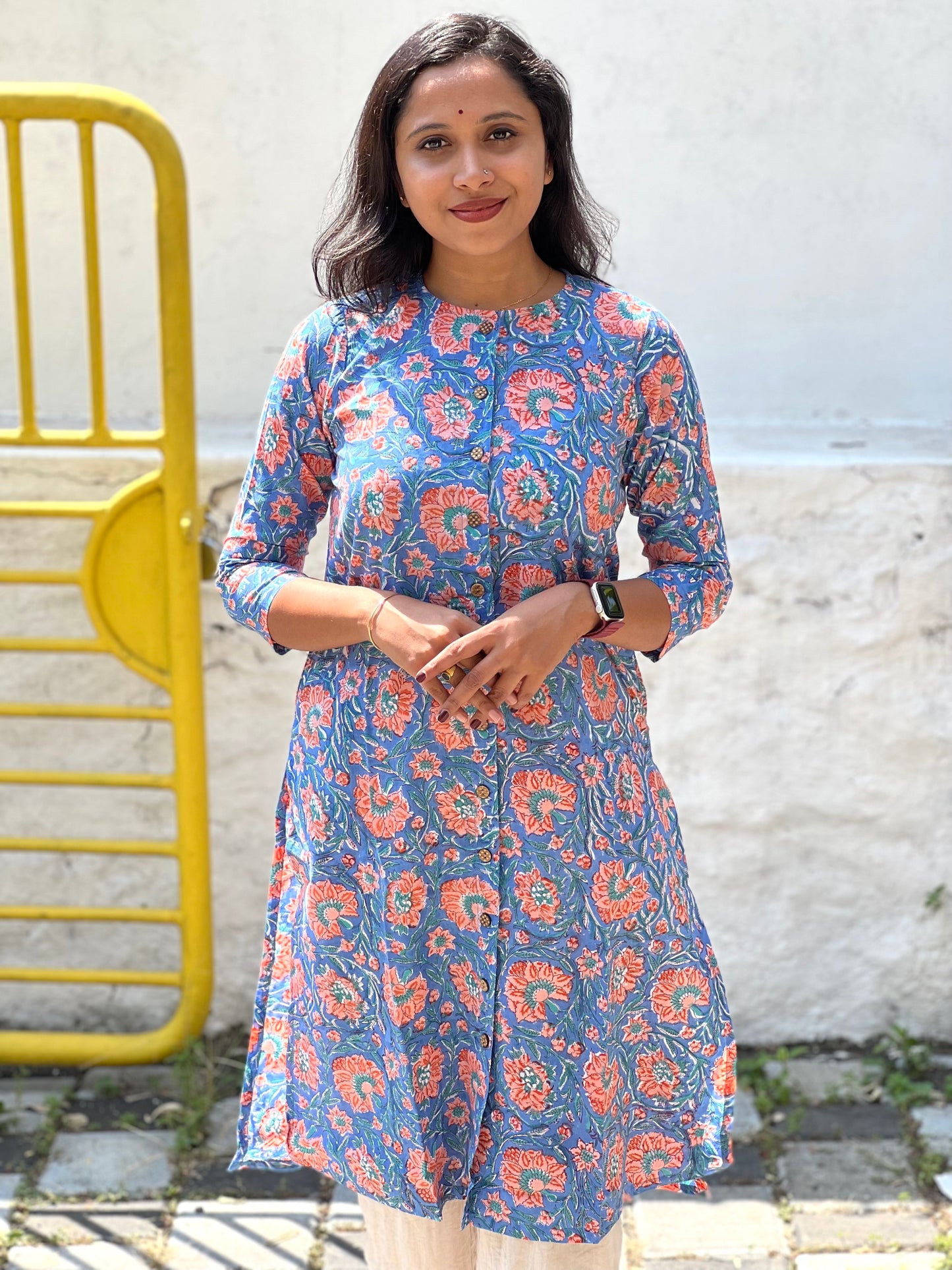 Southloom Jaipur Cotton Pink Floral Hand Block Printed Blue Kurti