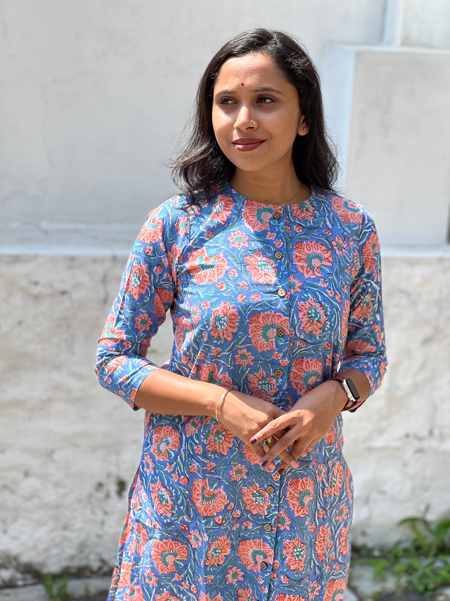 Southloom Jaipur Cotton Pink Floral Hand Block Printed Blue Kurti