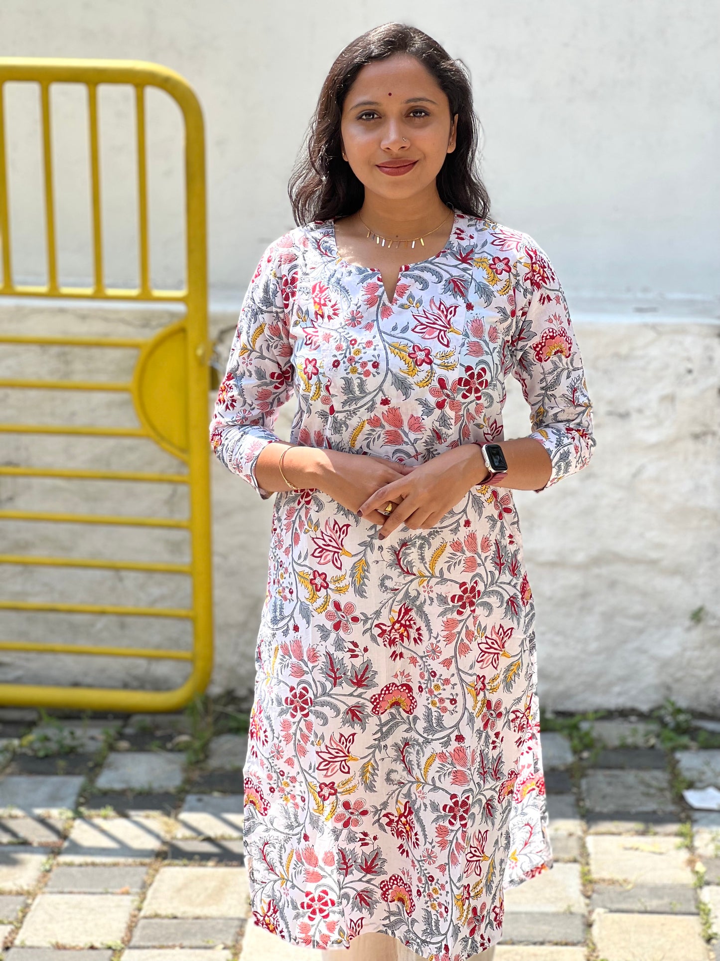 Southloom Jaipur Cotton Floral Hand Block Printed White Kurti