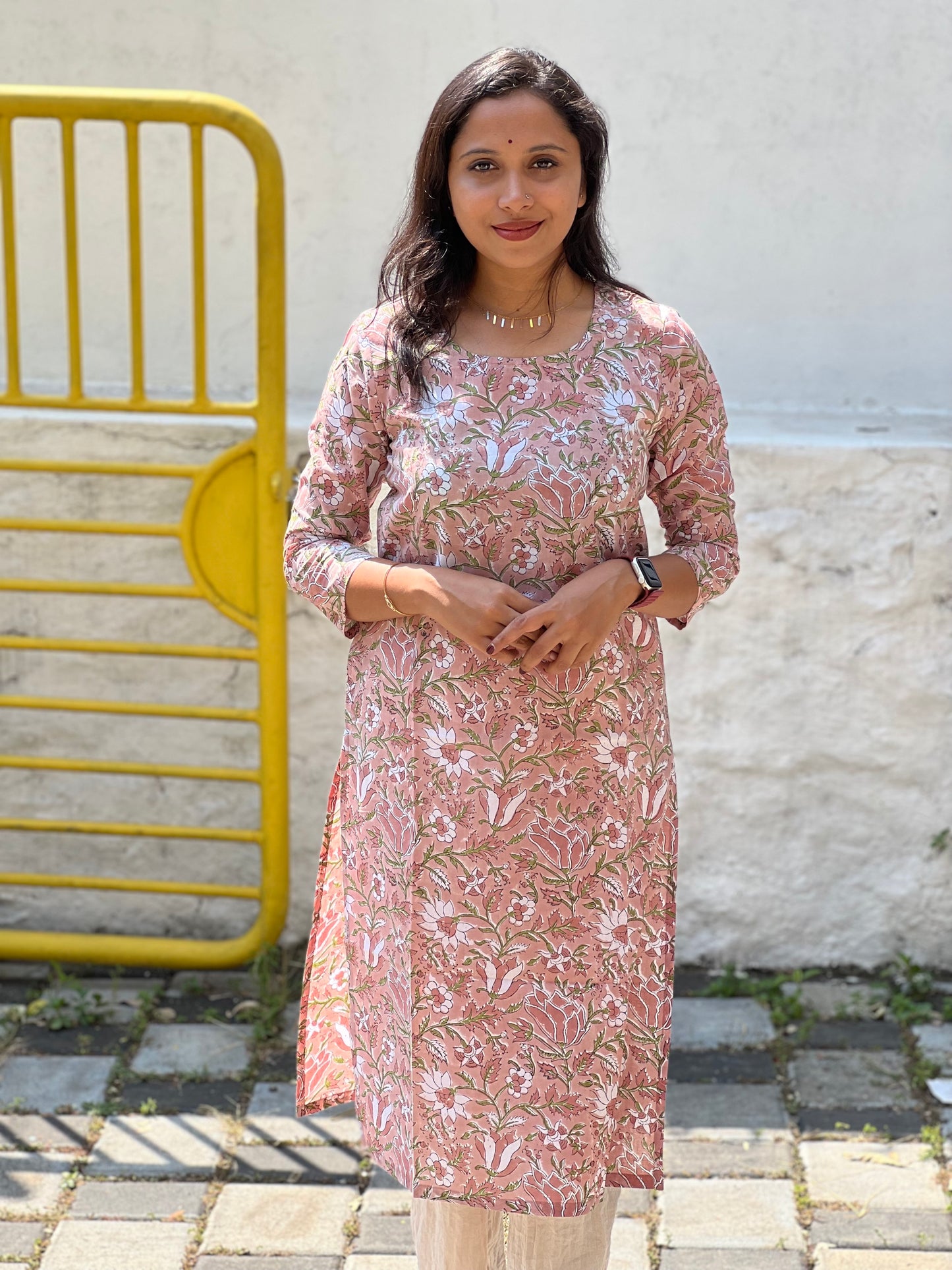 Southloom Jaipur Cotton Floral Hand Block Printed Brown Kurti