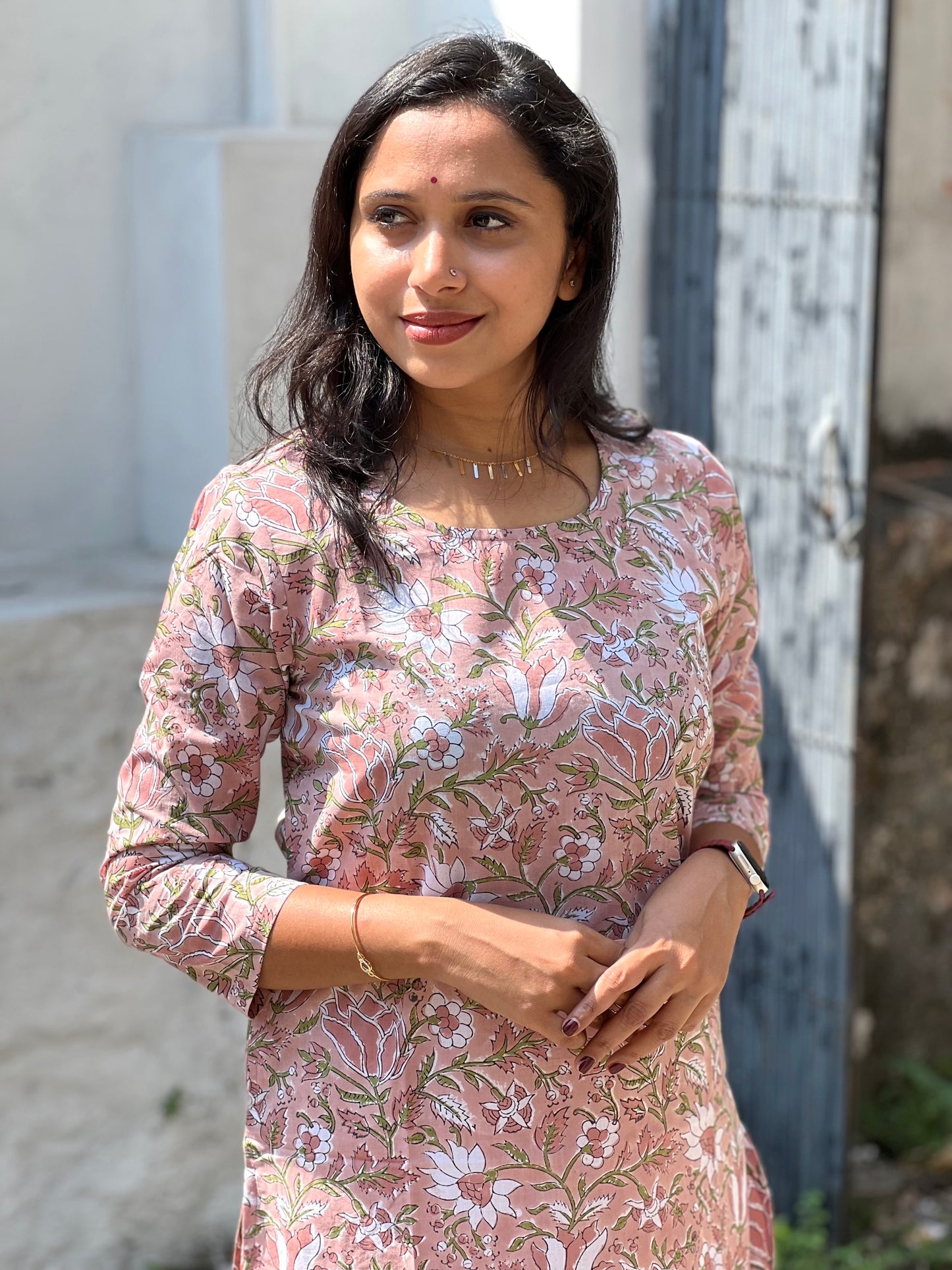 Southloom Jaipur Cotton Floral Hand Block Printed Brown Kurti