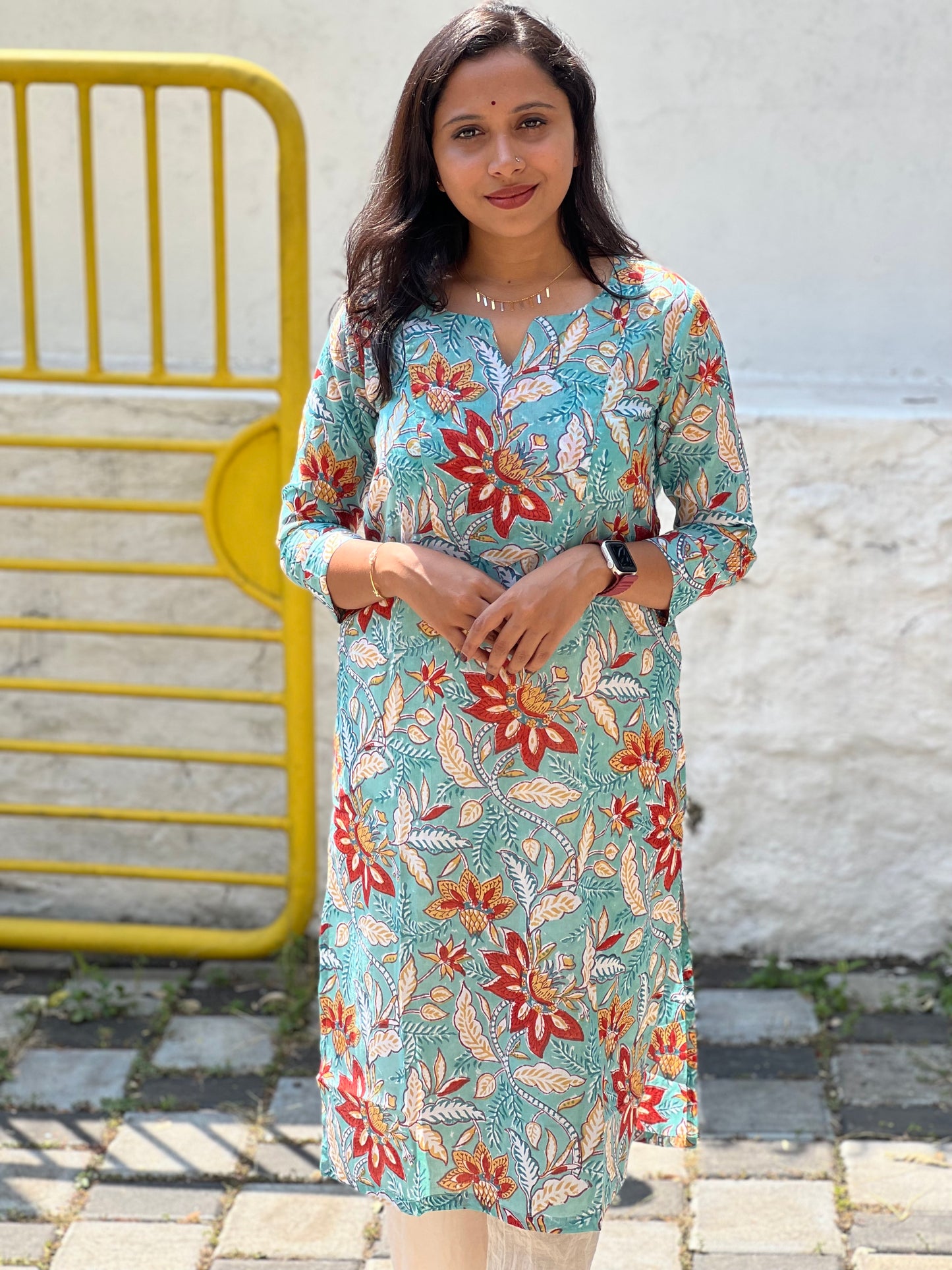 Southloom Jaipur Cotton Floral Hand Block Printed Green Kurti