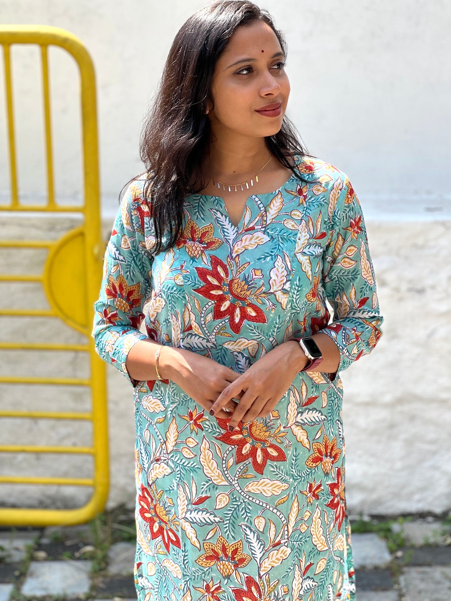 Southloom Jaipur Cotton Floral Hand Block Printed Green Kurti