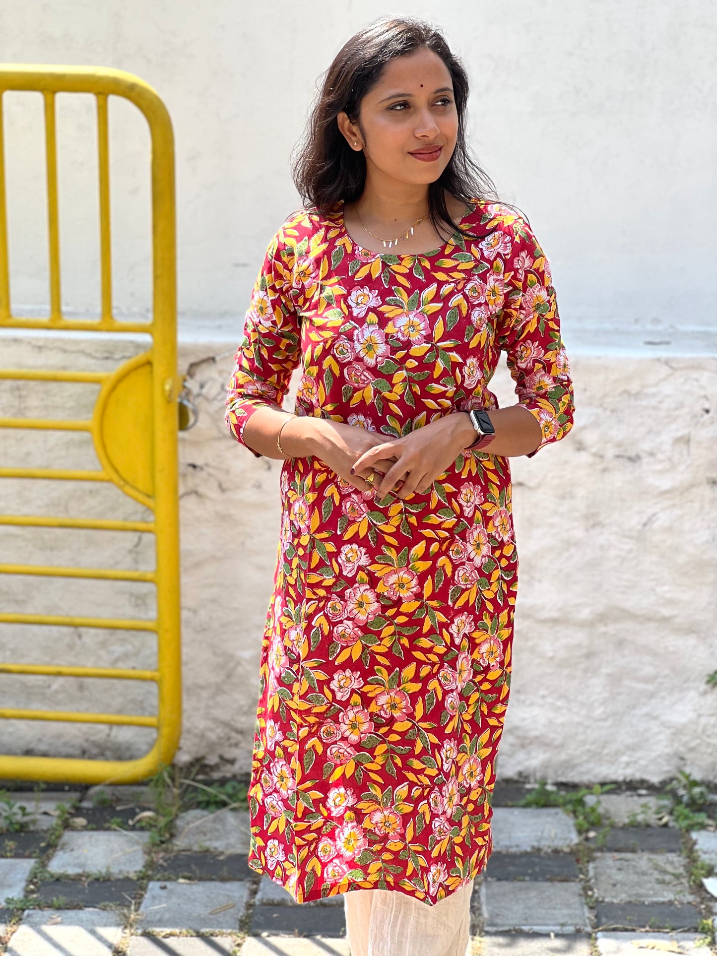 Southloom Jaipur Cotton Yellow Floral Hand Block Printed Red Kurti