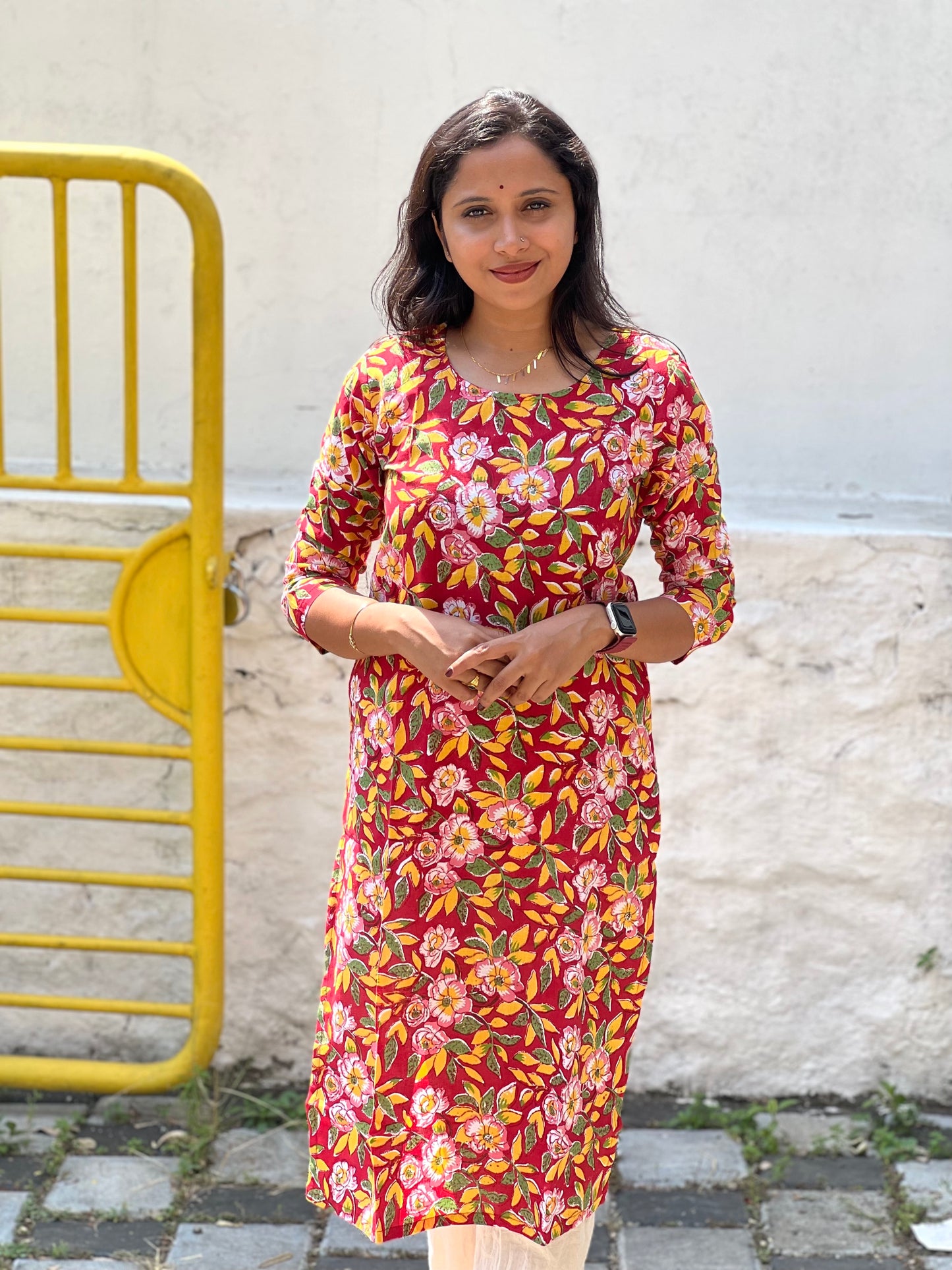 Southloom Jaipur Cotton Yellow Floral Hand Block Printed Red Kurti