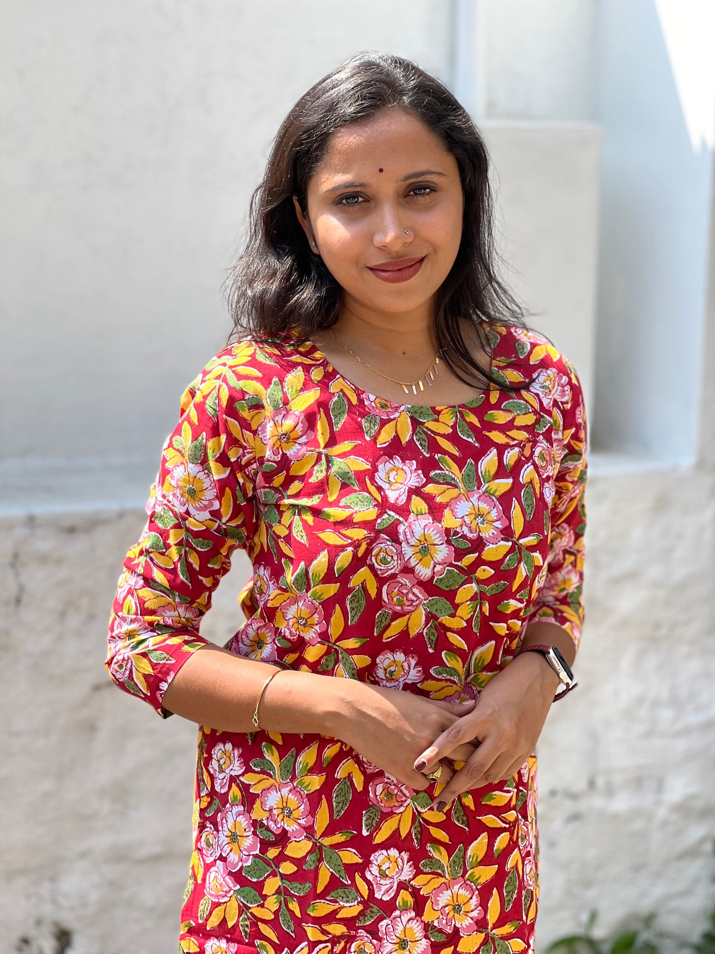 Southloom Jaipur Cotton Yellow Floral Hand Block Printed Red Kurti