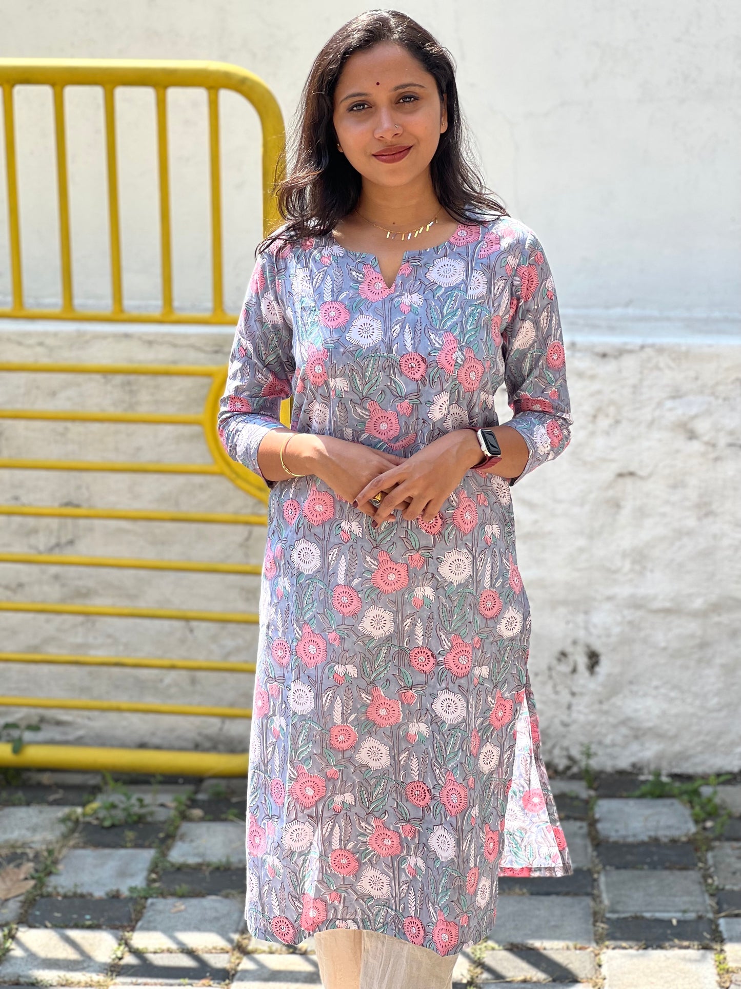 Southloom Jaipur Cotton Pink White Floral Hand Block Printed Grey Kurti