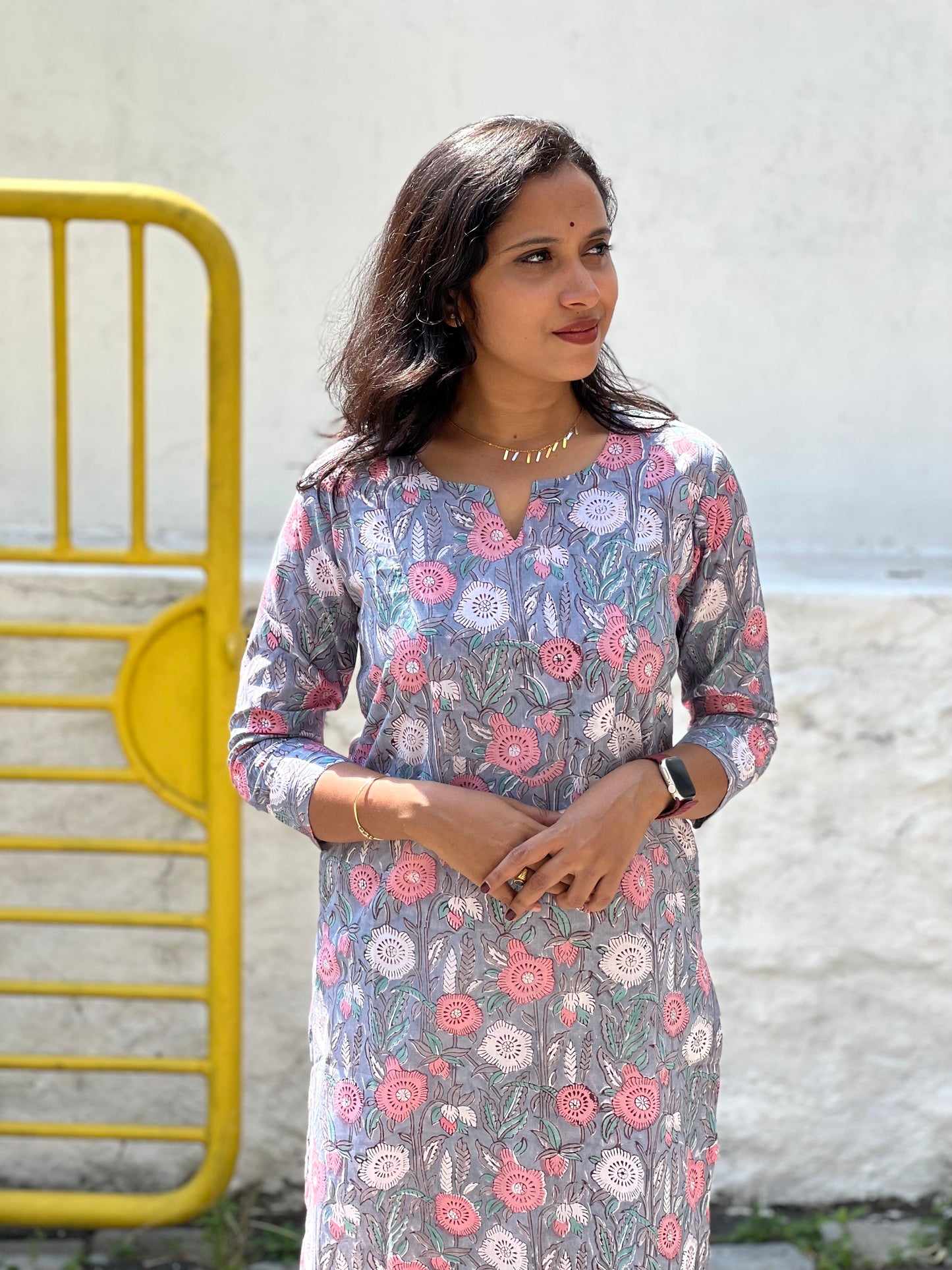 Southloom Jaipur Cotton Pink White Floral Hand Block Printed Grey Kurti