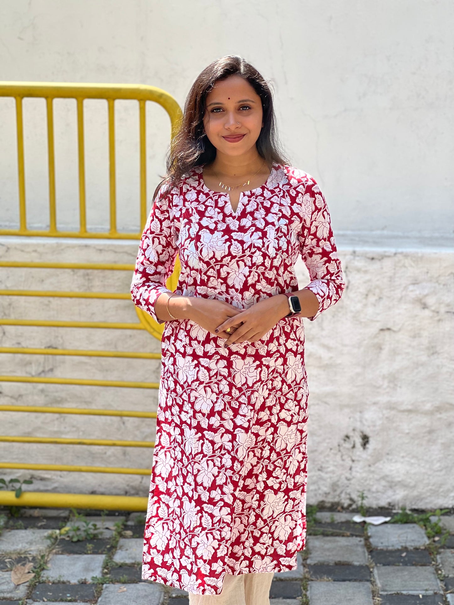 Southloom Jaipur Cotton White Red Floral Hand Block Printed Kurti