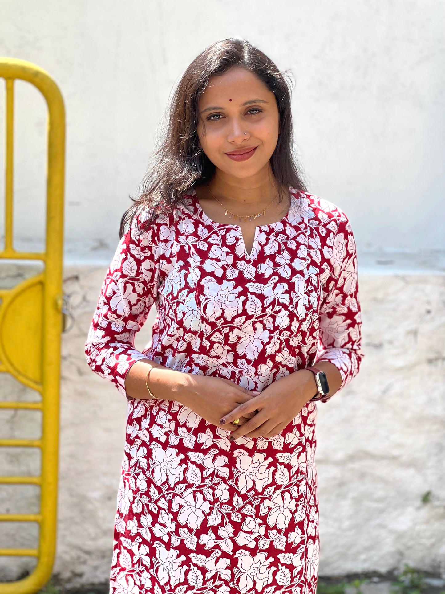 Southloom Jaipur Cotton White Red Floral Hand Block Printed Kurti