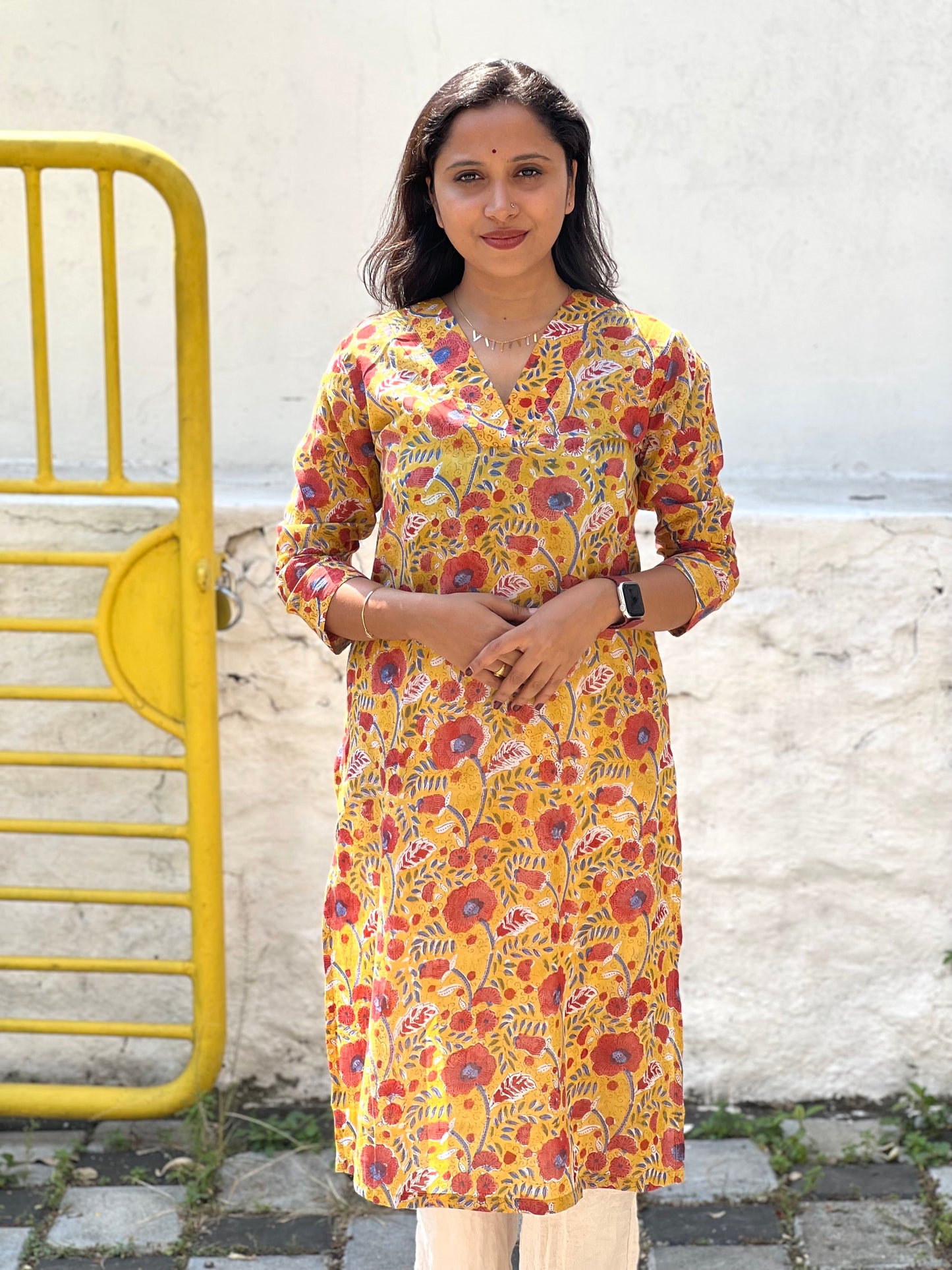 Southloom Jaipur Cotton Floral Hand Block Printed Yellow Kurti