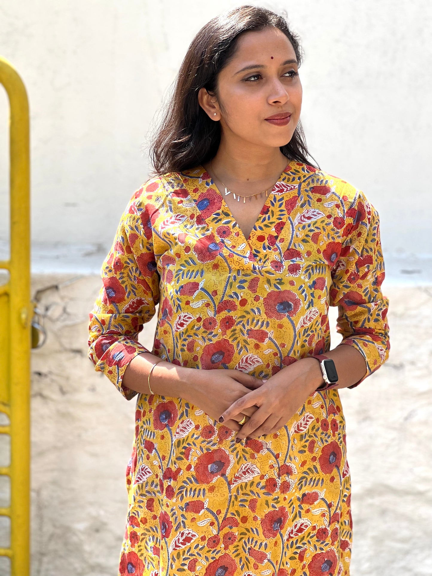 Southloom Jaipur Cotton Floral Hand Block Printed Yellow Kurti