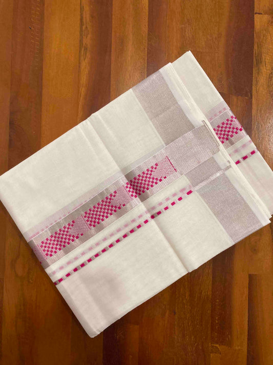 Southloom Handloom Premium Silver Kasavu Double Mundu with Woven Design Border