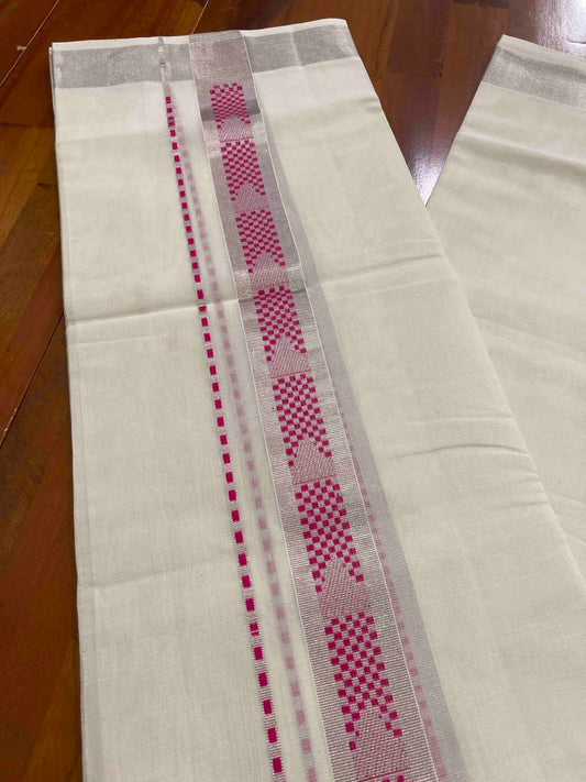 Southloom Handloom Premium Silver Kasavu Double Mundu with Woven Design Border