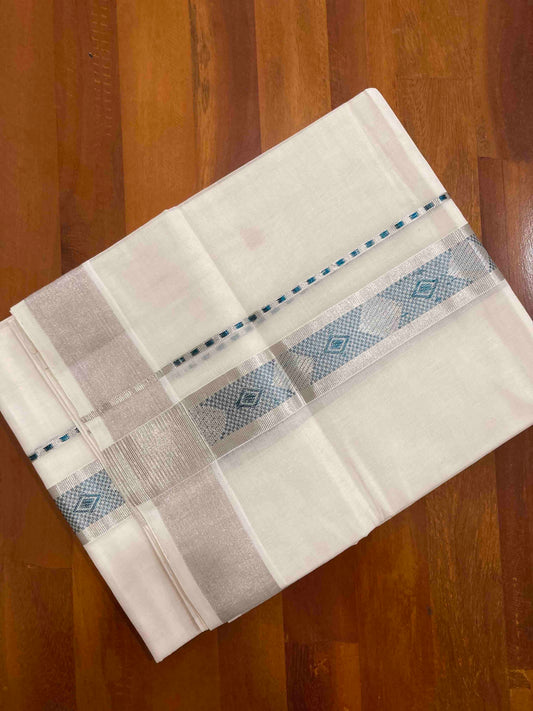 Southloom Handloom Premium Silver Kasavu Double Mundu with Woven Design Border