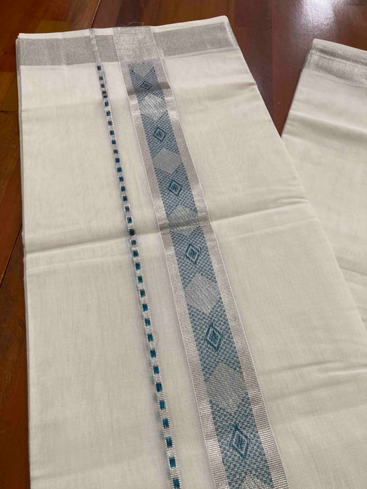 Southloom Handloom Premium Silver Kasavu Double Mundu with Woven Design Border